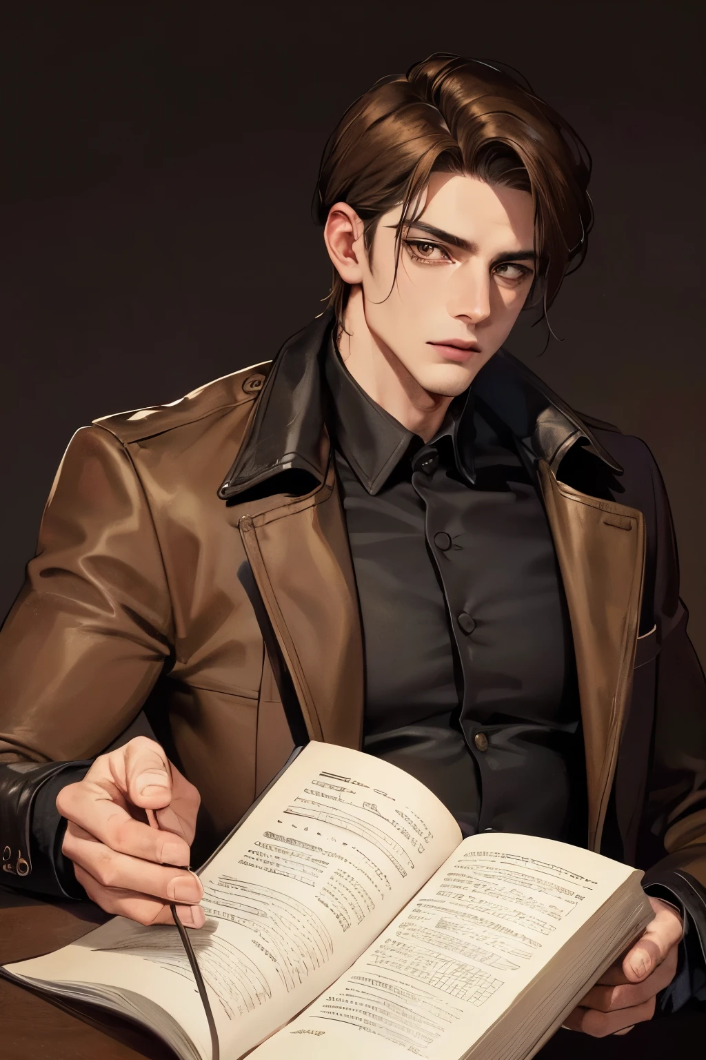 cover for a book, photography of a sexy detective man, a solo man, (((man))), (masculine face), 25 years old, mysterious, big bad boy, (golden eyes), expressive look, short brown hair, (((dark background))), shine hair, unshaven, old coat, stomach level, super detailed face, perfect body, perfect shapes, realistic image, award winning photography, 8k,