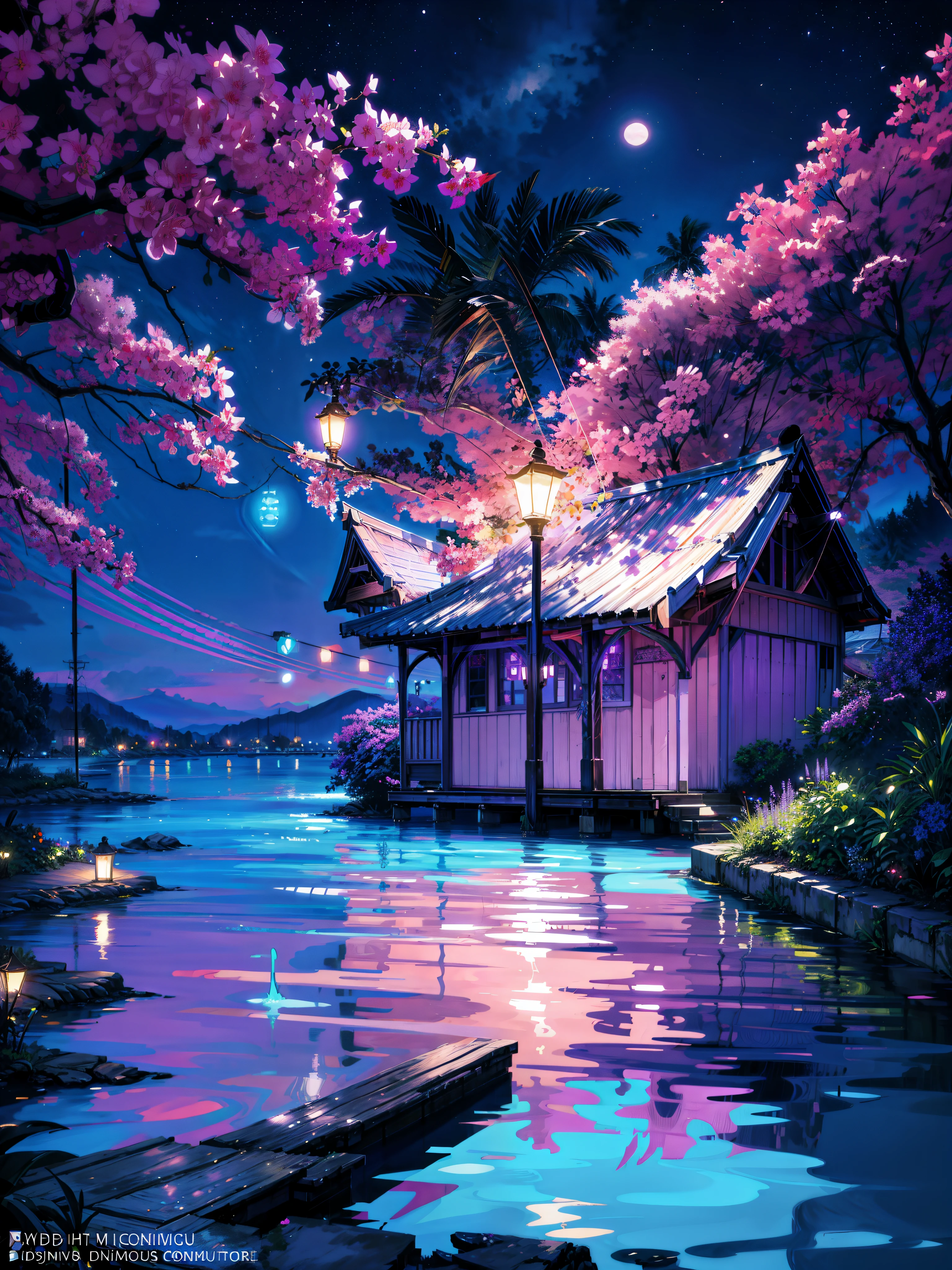 painting of a neon ((purple ,blue )) moonlight,dock areas, Bougainville decoration , , moonlight, river, moonlight reflection,beautiful art uhd 4 k, a beautiful artwork illustration, beautiful digital painting, highly detailed digital painting, beautiful digital artwork, detailed painting 4 k, very detailed digital painting, rich picturesque colors, gorgeous digital painting, no human