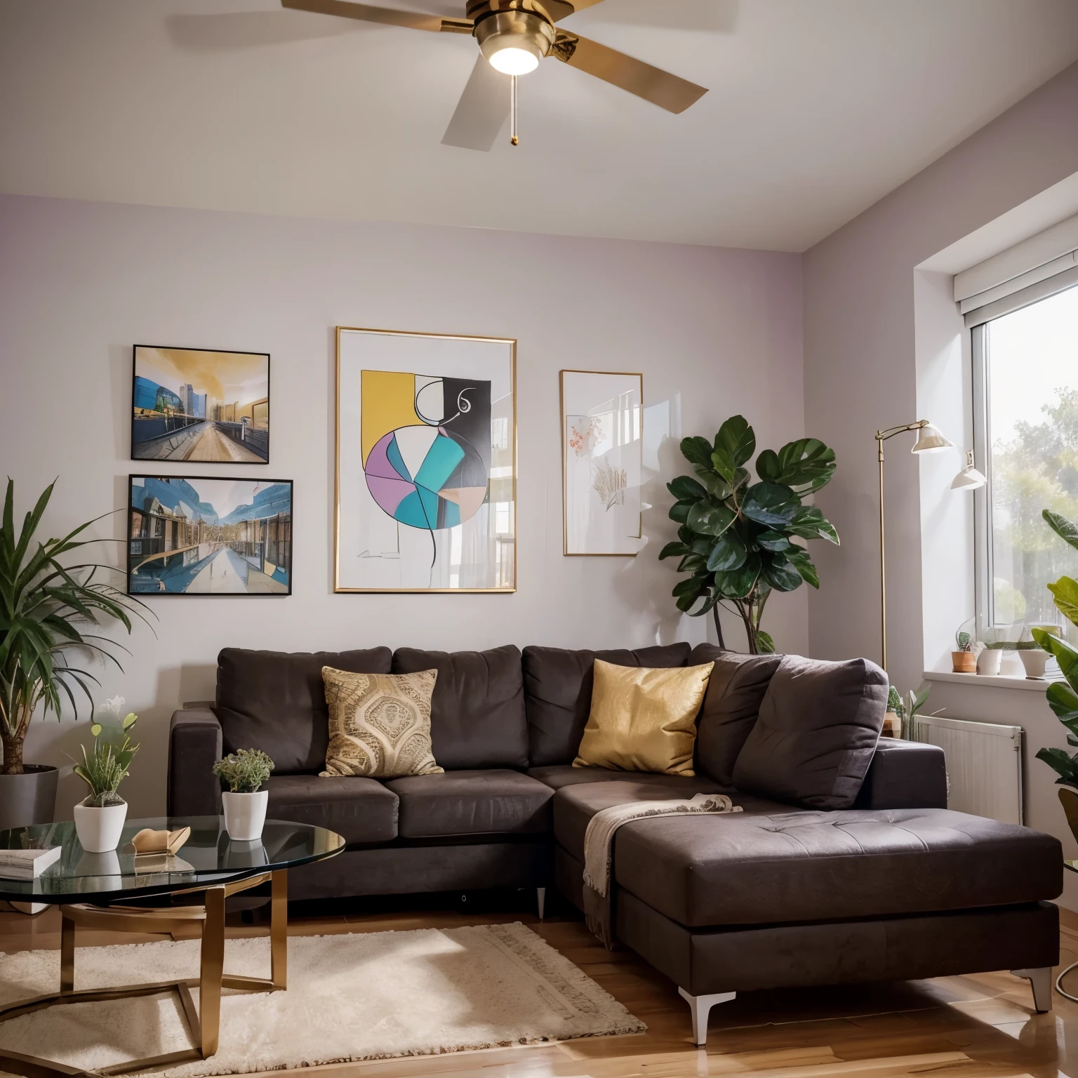 "You are in a stylish and modern studio, with walls in soft lilac tones, conveying tranquility. On the central wall behind you, there is a magnificent Picasso painting, with its vibrant colors and unique shapes, adding a touch of art and sophistication to the environment.The furniture is contemporary and comfortable, with golden tones in details such as cushions and accessories. Soft and well-distributed lighting enhances the details of the environment, creating a cozy and professional atmosphere.In the background, you can have shelves decorated with plants and decorative objects that complement the scenery, bringing even more life and personality to the space. The result is an environment that conveys peace, warmth, and modernity, perfect for your recordings on 'Dicas da Magadenny'!"