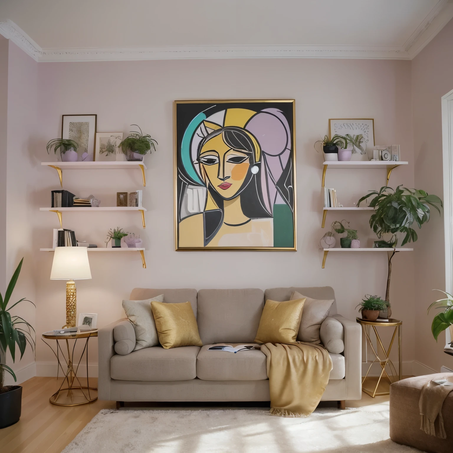 "You are in a stylish and modern studio, with walls in soft lilac tones, conveying tranquility. On the central wall behind you, there is a magnificent Picasso painting, with its vibrant colors and unique shapes, adding a touch of art and sophistication to the environment.The furniture is contemporary and comfortable, with golden tones in details such as cushions and accessories. Soft and well-distributed lighting enhances the details of the environment, creating a cozy and professional atmosphere.In the background, you can have shelves decorated with plants and decorative objects that complement the scenery, bringing even more life and personality to the space. The result is an environment that conveys peace, warmth, and modernity, perfect for your recordings on 'Dicas da Magadenny'!"