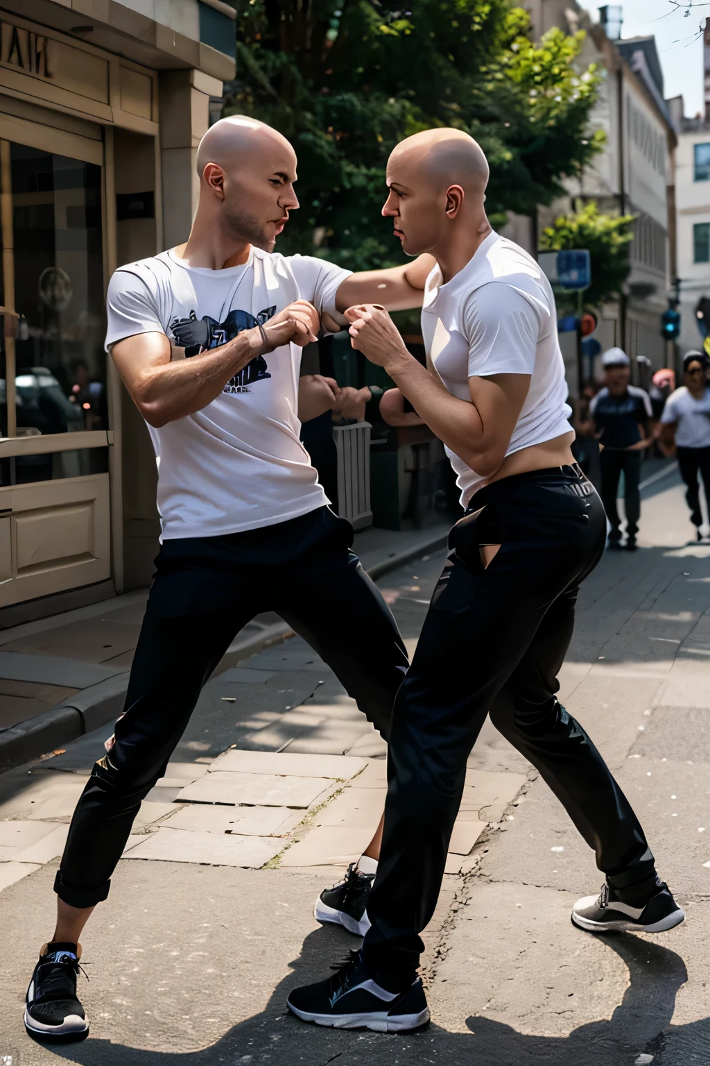 Crie uma imagem de dois homens magros brigando na rua, ambos vestindo camisetas. One is bald and hits the other, who also looks thin, mas tem cabelo e parece estar com dor.
