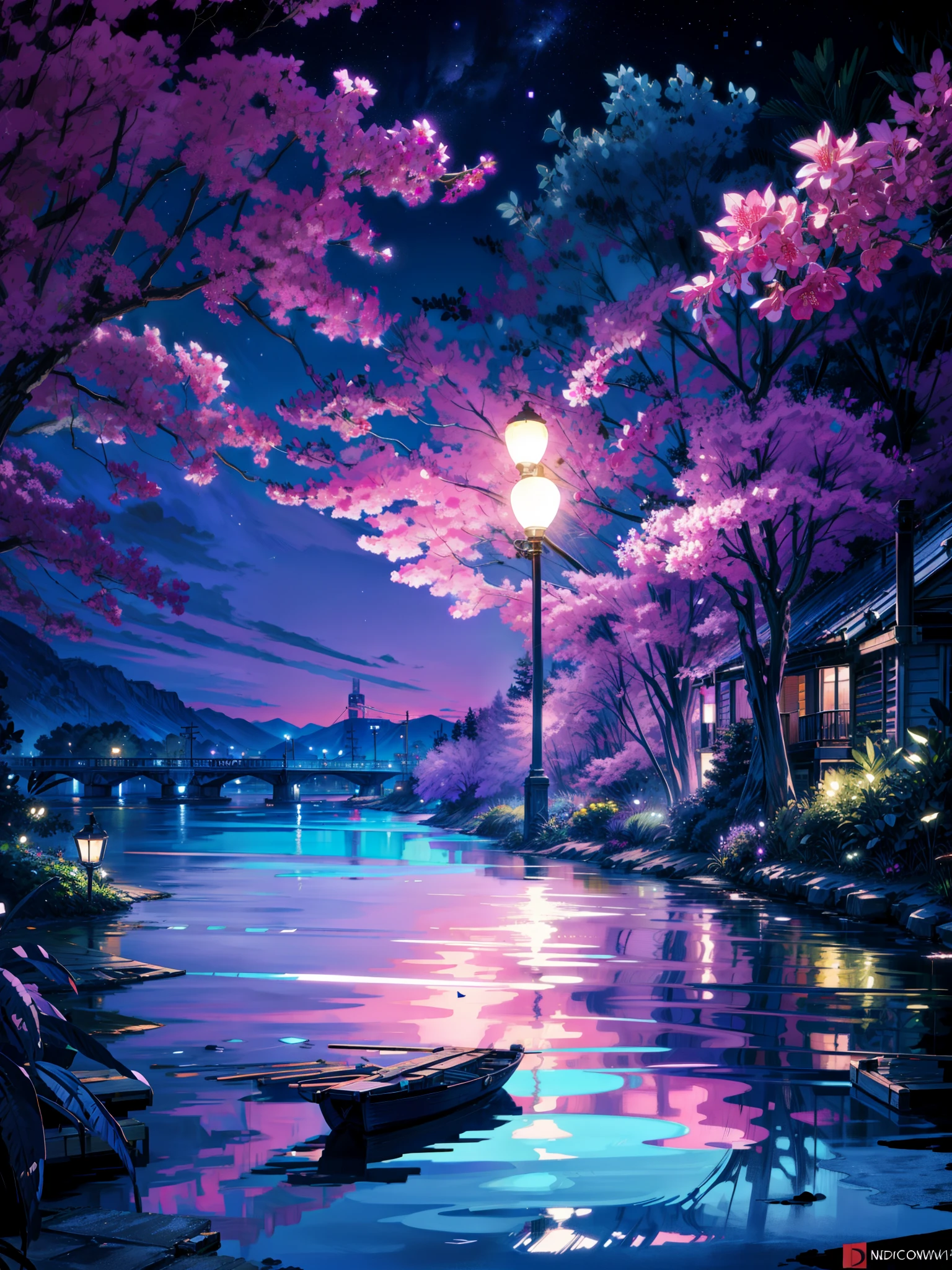 painting of a neon ((purple ,blue )) moonlight,dock areas, Bougainville decoration , , moonlight, river, moonlight reflection,beautiful art uhd 4 k, a beautiful artwork illustration, beautiful digital painting, highly detailed digital painting, beautiful digital artwork, detailed painting 4 k, very detailed digital painting, rich picturesque colors, gorgeous digital painting, no human