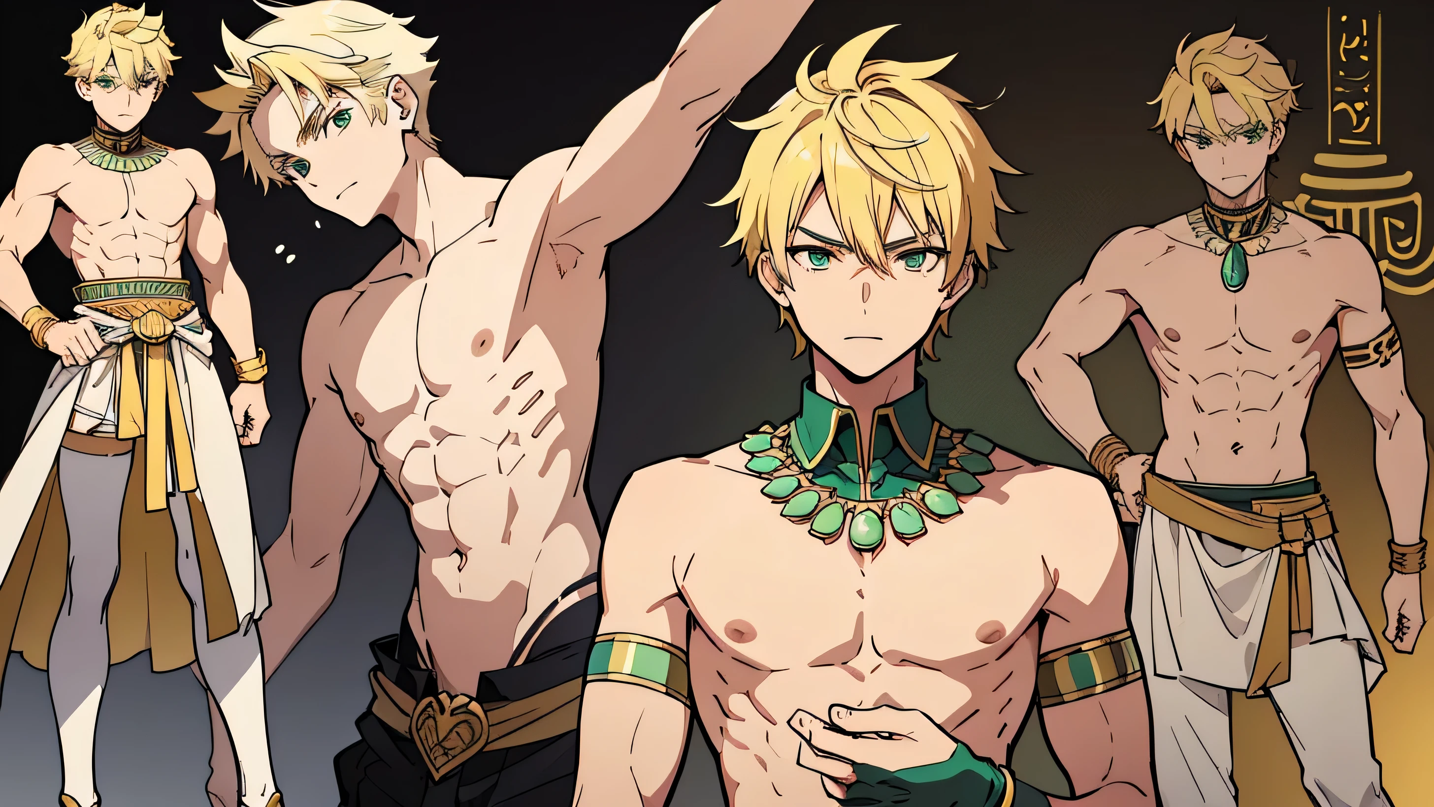 HD,Beautiful pictures,portrait,aldult,aldult male,character design sheet,Differences in facial expressions,bust difference,happiness,angry,Pity,happy,a handsome man,blonde short hair,green eyes,dressed in Egyptian attire,wearing karasilis,topless,With metal armband,Wear a slit skirt,egyptian style,adult male,anime style,Two-dimensional man,white male