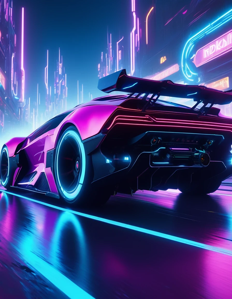 （best quality，4K，High resolution，masterpiece：1.2），super detailed，（lifelike：1.37），Future cyberpunk style car，highway，racing，interesting，bright colors，Futurism，moving rapidly，neon lights，vibrant action，Detailed car design，Dynamic perspective，city environment，smoke and exhaust，Breathtaking speed，adrenaline，,Passion and dreams，industrial aesthetics，heavy metal style，Surrealism，mechanical aesthetics，glitch art，laser light，rim light，environmental lighting，backlight，spotlight，Unreal Engine，C4D，mixer，Octane number