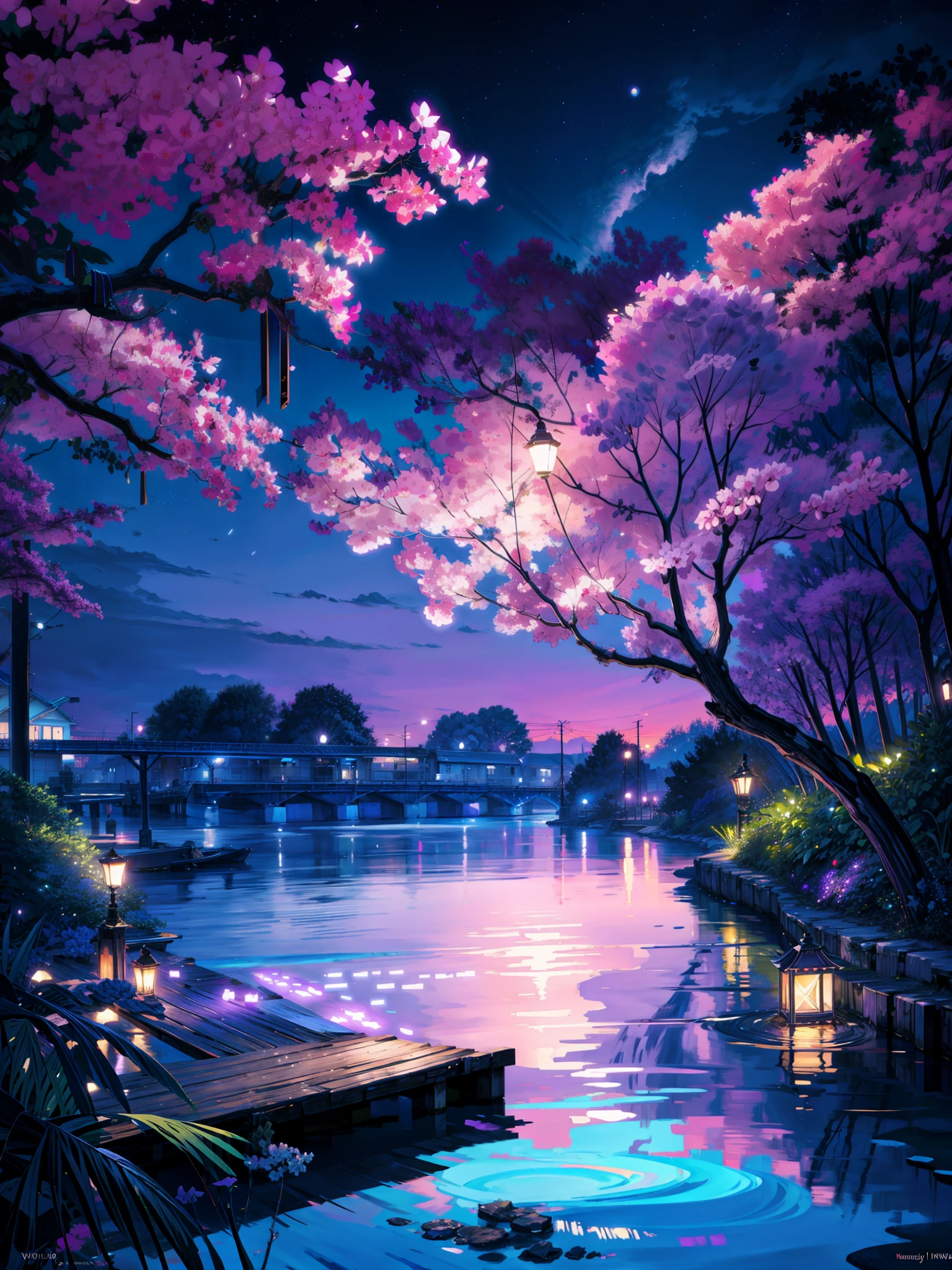 painting of a neon ((purple ,blue )) moonlight,dock areas, Bougainville decoration , , moonlight, river, moonlight reflection,beautiful art uhd 4 k, a beautiful artwork illustration, beautiful digital painting, highly detailed digital painting, beautiful digital artwork, detailed painting 4 k, very detailed digital painting, rich picturesque colors, gorgeous digital painting, no human