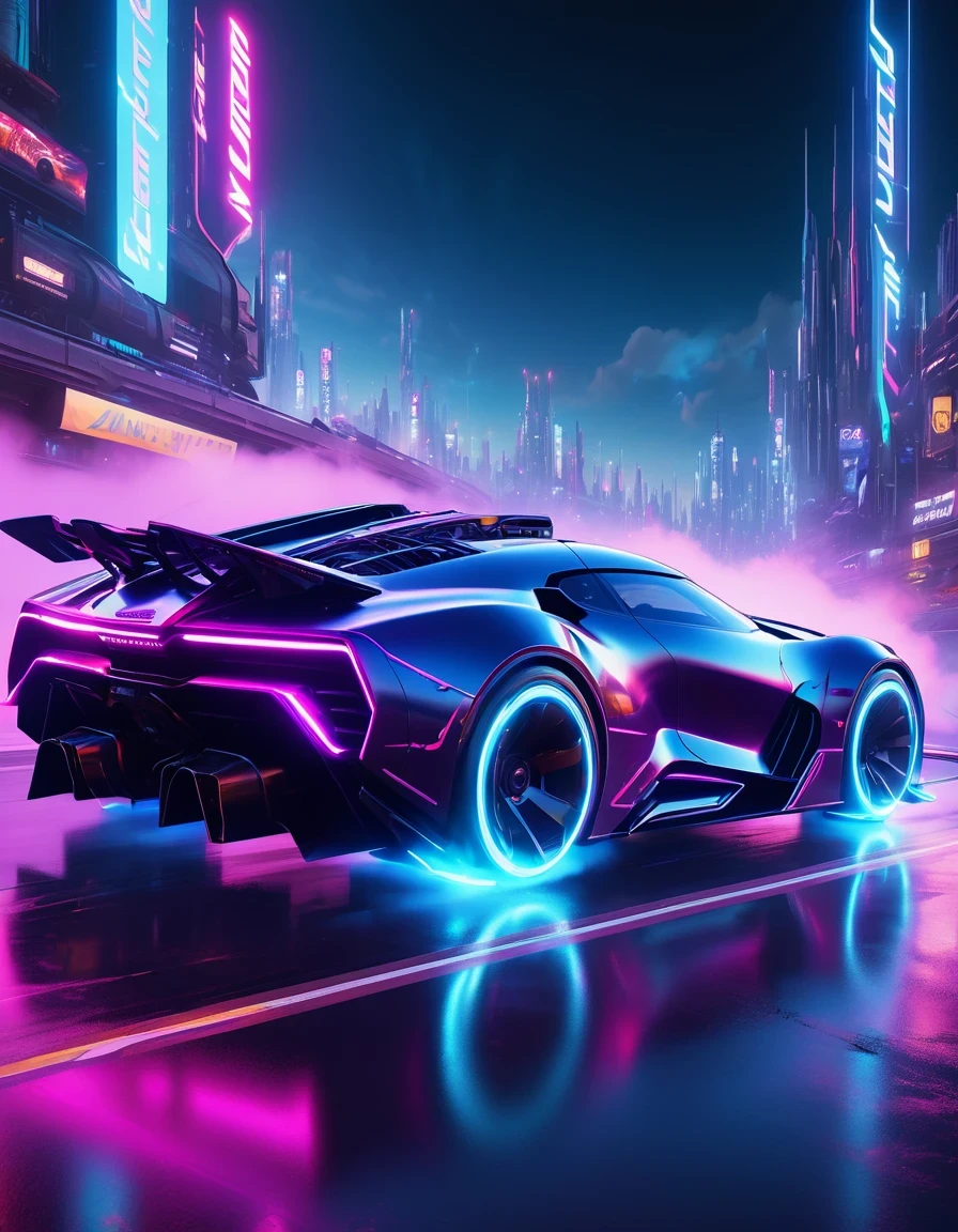 （best quality，4K，High resolution，masterpiece：1.2），super detailed，（lifelike：1.37），Future cyberpunk style car，highway，racing，interesting，bright colors，Futurism，moving rapidly，neon lights，vibrant action，Detailed car design，Dynamic perspective，city environment，smoke and exhaust，Breathtaking speed，adrenaline，,Passion and dreams，industrial aesthetics，heavy metal style，Surrealism，mechanical aesthetics，glitch art，laser light，rim light，environmental lighting，backlight，spotlight，Unreal Engine，C4D，mixer，Octane number