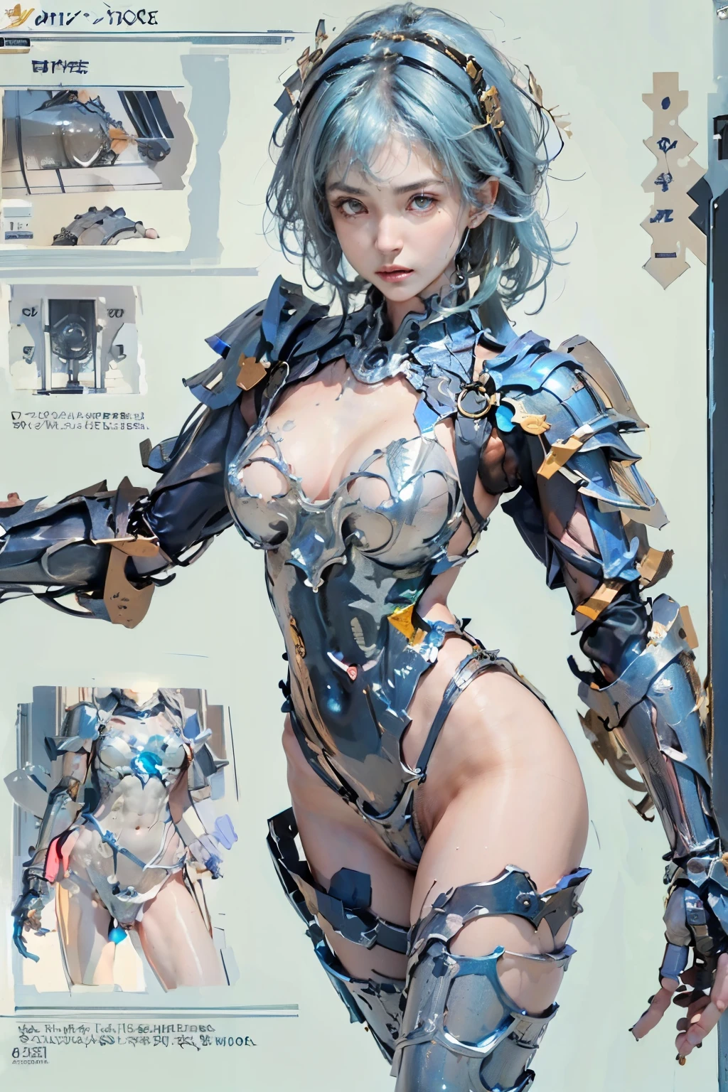 Character sheet, Full body, three side view, (RAW image quality:1.4), (NSfW), ((1 female:1.4)), alone, , 7 head and body, (cute face), (Beautiful eyes that shine blue:1.4), (ideal body proportions), (Android with mechanized left leg and left arm:1.4), (platinum metal machinery), length , chest fantasy, cleavage, big breasts, (Underboo Boo:1.4), magic effect, ((tiny armor:1.4)), (((raw skin exposed:1.4))), (Costumes that dig into the crotch), (pubic hair), (has a large sword:1.4), , strong wind, The clothes are transparent, Wet, short hair, black hair, , Slender, small ass, beautiful feet, thin legs, surrealism, cinematic lighting, Depth of the bounds written, one person's perspective, f/1.8, 135mm, nffsw, battle pose, table top, Accurate, ((anatomically correct)), rough skin, Super detailed, advanced details, high quality, award-winning, high quality, High resolution, 8k, character sheet, Full body, full of details, multiple poses and expressions, highly detailed, depth, three side view,