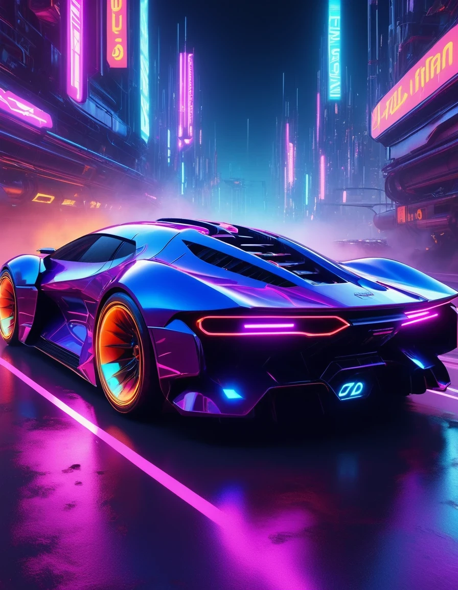 （best quality，4K，High resolution，masterpiece：1.2），super detailed，（lifelike：1.37），Future cyberpunk style car，highway，racing，interesting，bright colors，Futurism，moving rapidly，neon lights，vibrant action，Detailed car design，Dynamic perspective，city environment，smoke and exhaust，Breathtaking speed，adrenaline，,Passion and dreams，industrial aesthetics，heavy metal style，Surrealism，mechanical aesthetics，glitch art，laser light，rim light，environmental lighting，backlight，spotlight，Unreal Engine，C4D，mixer，Octane number