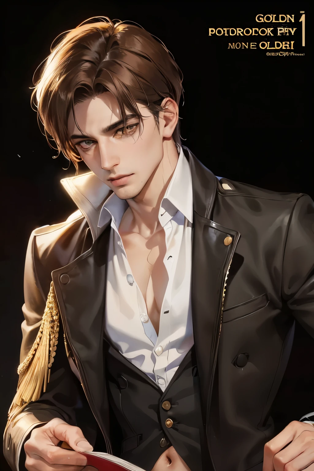cover for a book, photography of a sexy detective man, a solo man, (((man))), (masculine face), 25 years old, mysterious, big bad boy, (golden eyes), expressive look, short brown hair, (((dark background))), shine hair, unshaven, old lawyer coat, stomach level, super detailed face, perfect body, perfect eyes, perfect shapes, realistic image, award winning photography, 8k,