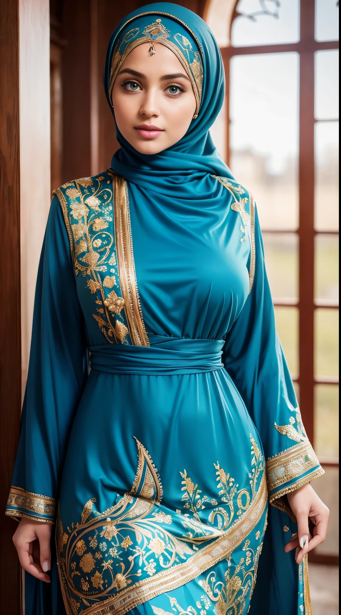 ( Close Up),RAW, Best quality, high resolution, masterpiece: 1.3), beautiful white woman in hijab,Masterpiece, perfect fit body, white skin, green eyes, glowing big eyes, big breast,big gorgeous eyes, Soft smile,beutiful face,thick thighs, full body, woman in a purple hijab taking a picture of herself, long dress female, wonderful masterpiece, very beautiful islamic Arabic style, full covered dress, detailed dress and face, somali, traditional beauty, beautiful masterpiece, very beautiful masterpiece,islamic blue dress, wearing a dress made of beads, modest flowing gown, traditional dress, great masterpiece, wearing an ornate outfit, long dress , (Delicate turtleneck) , shairband, afternoon walk, City garden, Excellent lighting, Bright colors, Clean lines,