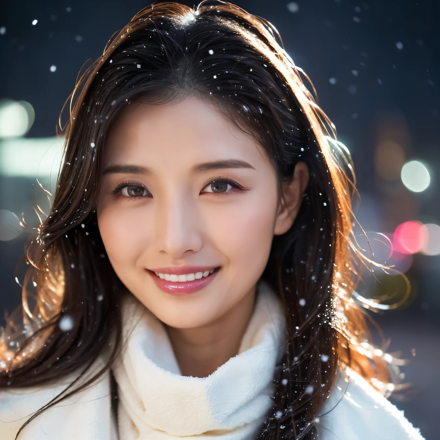 ((highest quality、table top、8K、best image quality、Award-winning work))、one beautiful woman、smile looking at me、(close up of face:1.6)、(The perfect and most natural long muffler:1.2)、(elegant thick coat:1.1)、epic movie lighting、(romantic love feelings:1.1)、(The most romantic and moody atmosphere:1.1)、winter city、Snowy landscape in the city、(The snow in the air sparkles finely:1.1)、(It&#39;s snowing heavily:1.1)、(Tyndall effect:1.1)、(Night view of the city with snow falling:1.2)、Shining beautiful skin、(accurate anatomy:1.1)、Ultra high definition beauty face、long eyelashes、natural makeup、ultra high definition hair、Ultra high definition eyes、(超高解像度でShining beautiful skin:1.1)、Super high resolution glossy lips、radiant beautiful skin、(Super high definition perfect beautiful teeth:1.1)