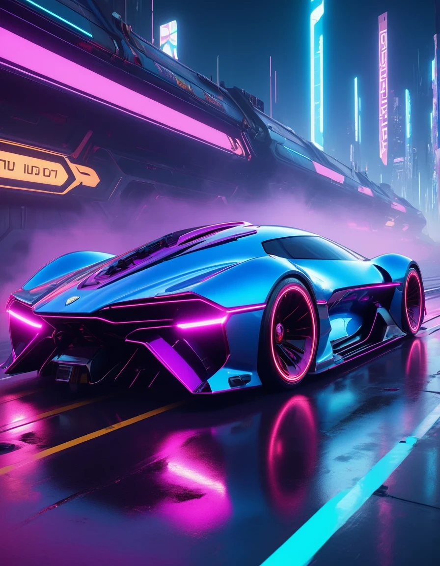 （best quality，4K，High resolution，masterpiece：1.2），super detailed，（lifelike：1.37），Future cyberpunk style car，highway，racing，interesting，bright colors，Futurism，moving rapidly，neon lights，vibrant action，Detailed car design，Dynamic perspective，city environment，smoke and exhaust，Breathtaking speed，adrenaline，,Passion and dreams，industrial aesthetics，heavy metal style，Surrealism，mechanical aesthetics，glitch art，laser light，rim light，environmental lighting，backlight，spotlight，Unreal Engine，C4D，mixer，Octane number