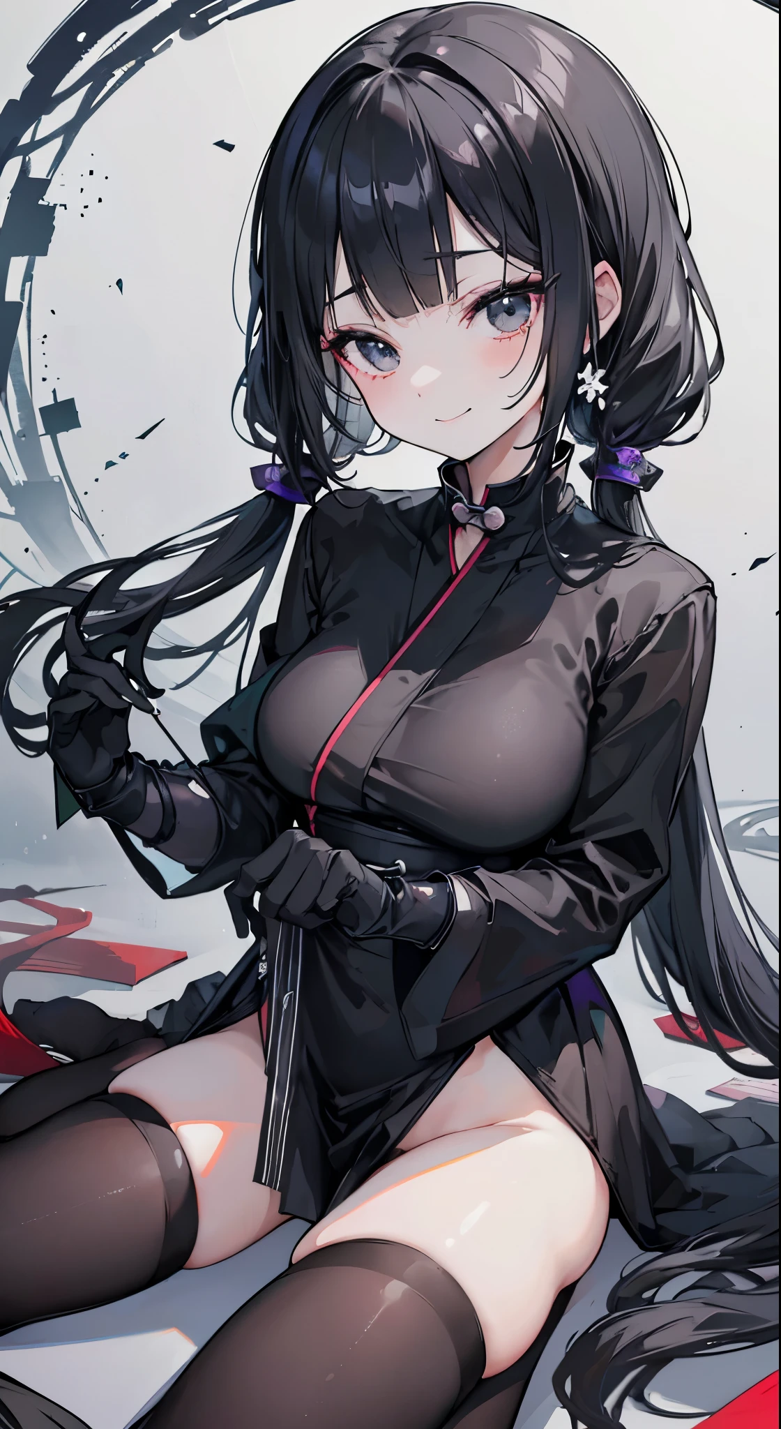 ((masterpiece,best quality))、only one woman、All-black ninja costume、black eyes、black low pigtails、blunt bangs、hime cut、black gloves、Japanese、smile、 delicate hands、anime、illustration、Two dimensions、beautiful girl,sitting straight,Erase extra arms,Erase extra legs,Erase extra fingers,no collar