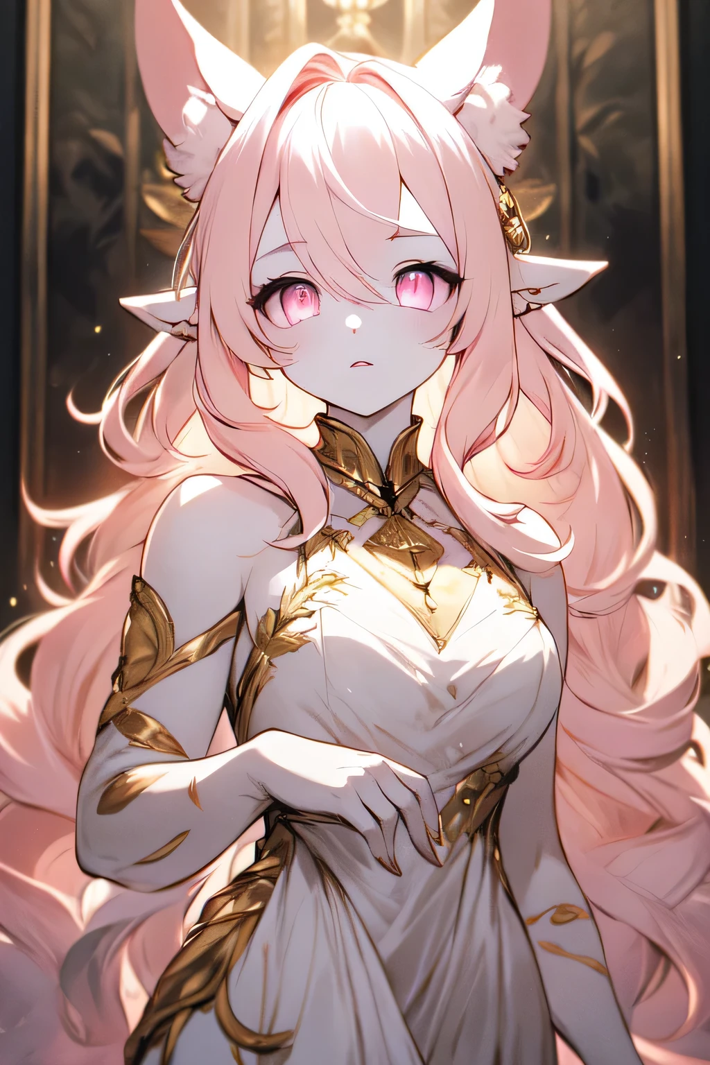 1girl, highly detailed, glowing gold eyes, wavy long white hair, asymmetrical hair, ((with bangs)), ornate dress, masterpiece, ((pale pink scales)), (scales near eyes), ((fluffy ears))