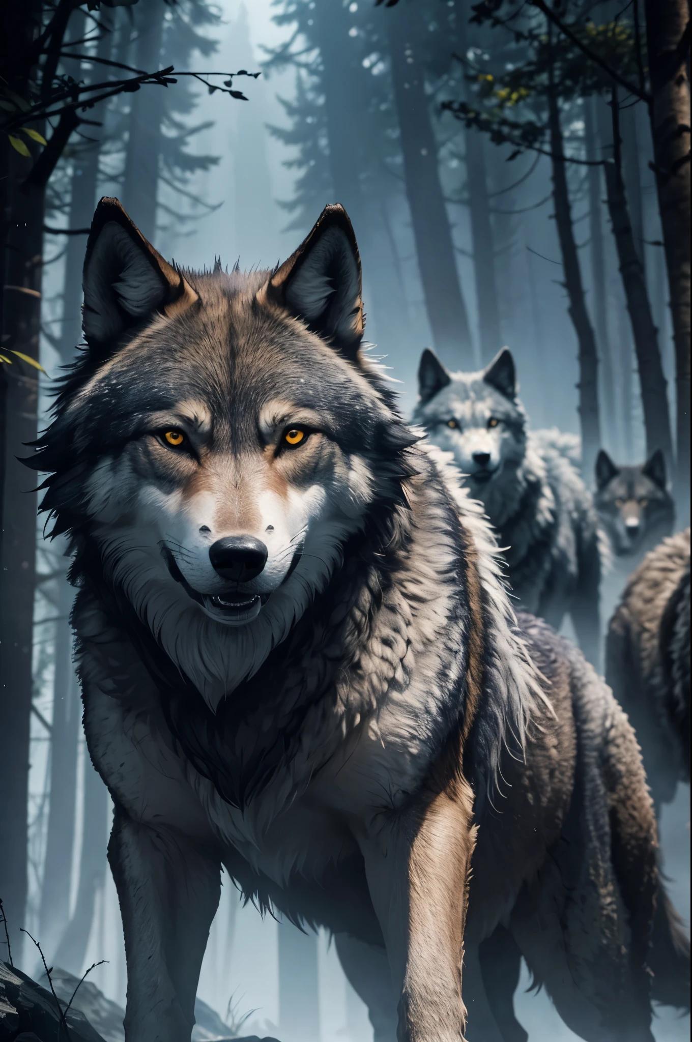 8K,A pack of wolves running through the dark wilderness of the underworld.(most),gray wolves,masterpiece,Photorealistic RAW photos of the highest quality。bright colors,rich colors, Backlight, cinematic lighting, film grain, to be born, 50MM lens, Nikon D850,Super realistic body hair,fantasy art,character art,ultra high resolution,realistic scale skin,
