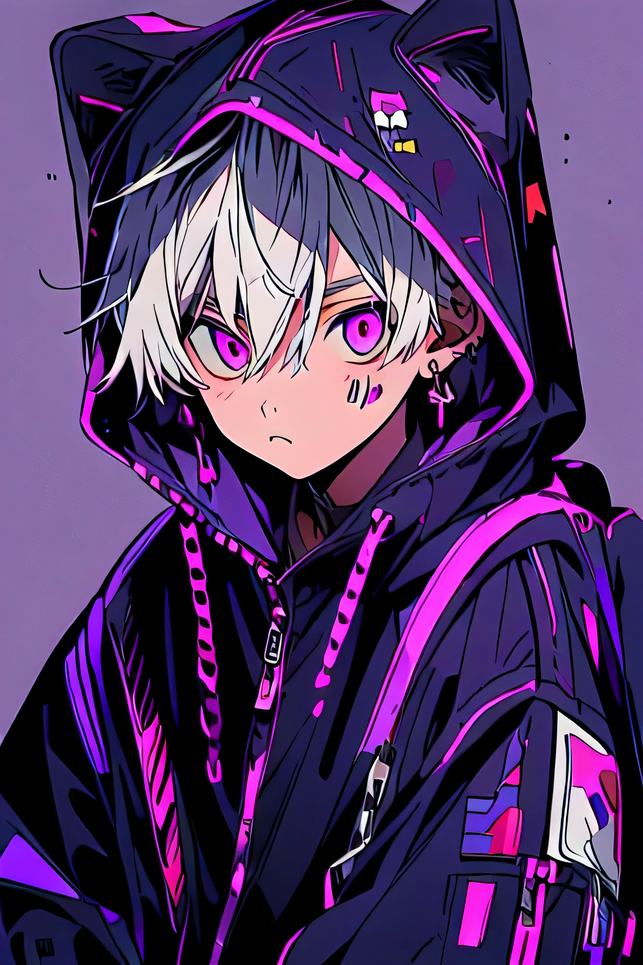 (best quality, masterpiece:1.2),1boy,niji,hood,white hair,violet background,hood up,hair between eyes,looking at viewer,stuffed toy,solo,holding,animal hood,simple background,holding stuffed toy,jewelry,stuffed animal,violet eyes,earrings,upper body,bangs,closed mouth,sleeves past wrists,hoodie,long sleeves,jacket,zipper,bandaid,dog hood,violet eyes,black hoodie,black jacket,animal ears,fake animal ears,crossed bangs,1boy,1girl,male focus,hooded jacket,