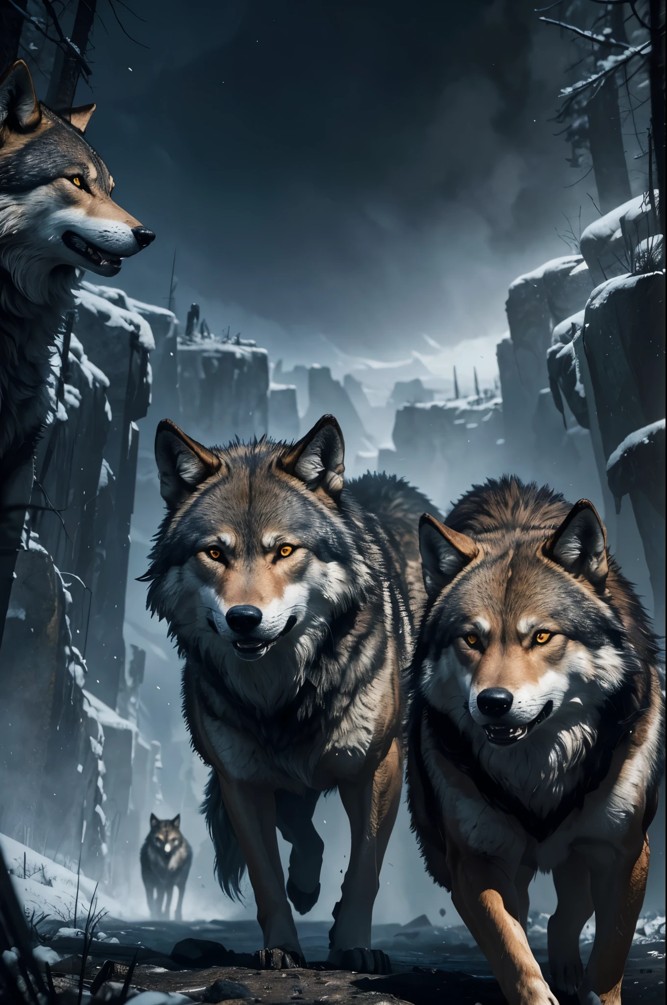 Three wolfs walking through a snowy forest with a mountain in the ...