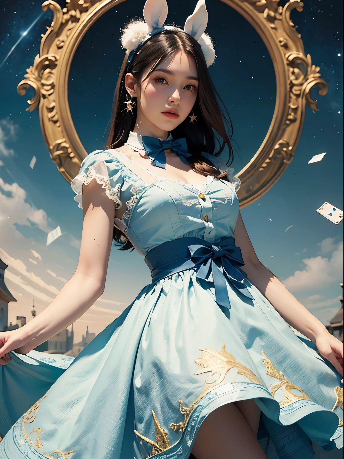 an outstanding masterpiece, Ultra photo realism, perfect illustration, intricate details, best quality, strong light , high contrast, dynamic pose, blue dress and white shirt , Star wearing a fluffy dress,hearts and spades poker , golden rabbit in bow tie , Cream lace trim,Match it with bright sky blue gauze. , There are also a pair of large bows at the back. , in wonderland , mural puzzle-like elements