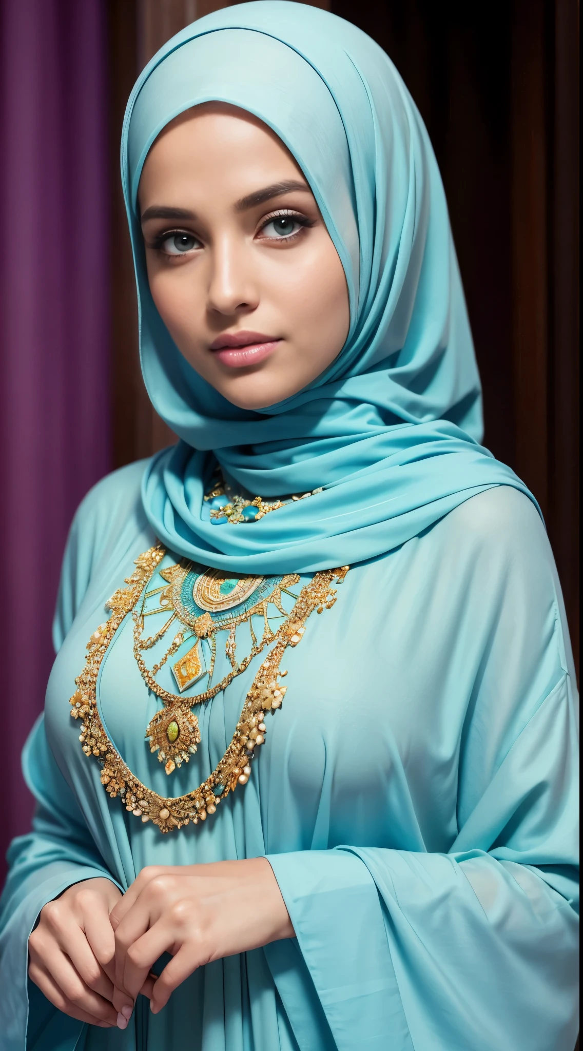 ( Close Up),RAW, Best quality, high resolution, masterpiece: 1.3), beautiful white woman in hijab,Masterpiece, perfect fit body, white skin, green eyes, glowing big eyes, big breast,big gorgeous eyes, Soft smile,beutiful face,thick thighs, full body, woman in a purple hijab taking a picture of herself, long dress female, wonderful masterpiece, very beautiful islamic Arabic style, full covered dress, detailed dress and face, somali, traditional beauty, beautiful masterpiece, very beautiful masterpiece,islamic blue dress, wearing a dress made of beads, modest flowing gown, traditional dress, great masterpiece, wearing an ornate outfit, long dress , (Delicate turtleneck) , shairband, afternoon walk, City garden, Excellent lighting, Bright colors, Clean lines,