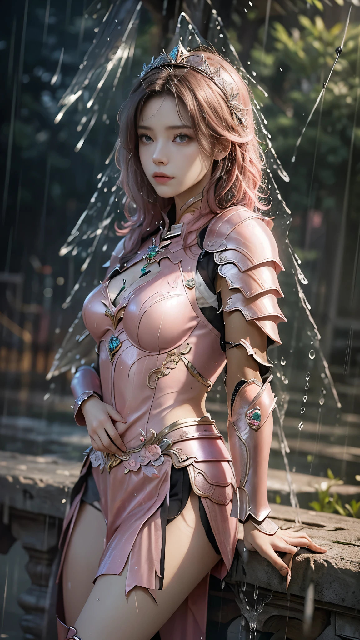 a woman in a pink armor, realistic Art Station, (hard raining:1.5), Detailed Fantasy Art, Stunning Character Art, beautiful Exquisite Character Art, Beautiful (pink Armor:1.8), Extremely Detailed, Exquisite Intricate Headdress and Jewellery, perfect body, sitting,
