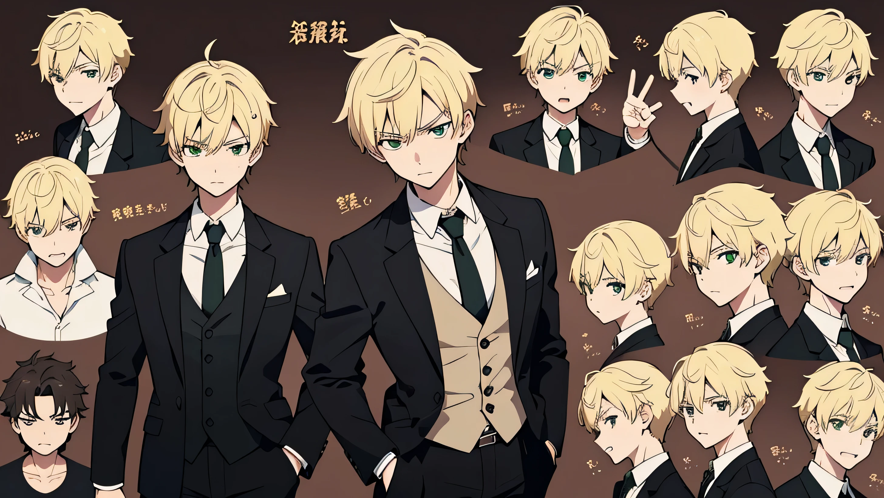 HD,Beautiful pictures,portrait,aldult,aldult male,character design sheet,Differences in facial expressions,bust difference,happiness,angry,Pity,happy,a handsome man,blonde short hair,green eyes,wearing black suit,adult male,anime style,Two-dimensional man,white male