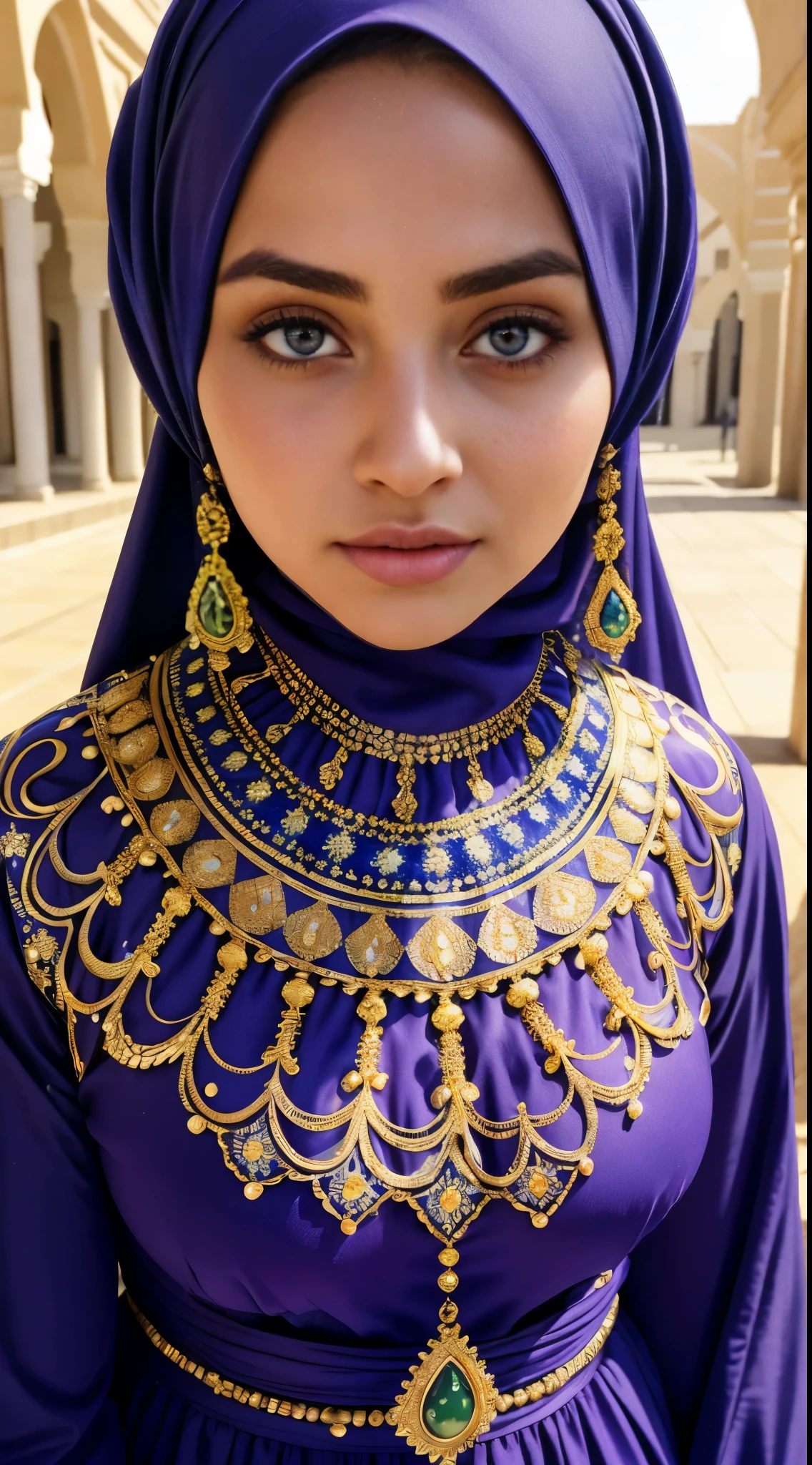 ( Close Up),RAW, Best quality, high resolution, masterpiece: 1.3), beautiful white woman in hijab,Masterpiece, perfect fit body, white skin, green eyes, glowing big eyes, big breast,big gorgeous eyes, Soft smile,beutiful face,thick thighs, full body, woman in a purple hijab taking a picture of herself, long dress female, wonderful masterpiece, very beautiful islamic Arabic style, full covered dress, detailed dress and face, somali, traditional beauty, beautiful masterpiece, very beautiful masterpiece,islamic blue dress, wearing a dress made of beads, modest flowing gown, traditional dress, great masterpiece, wearing an ornate outfit, long dress , (Delicate turtleneck) , shairband, afternoon walk, City garden, Excellent lighting, Bright colors, Clean lines,