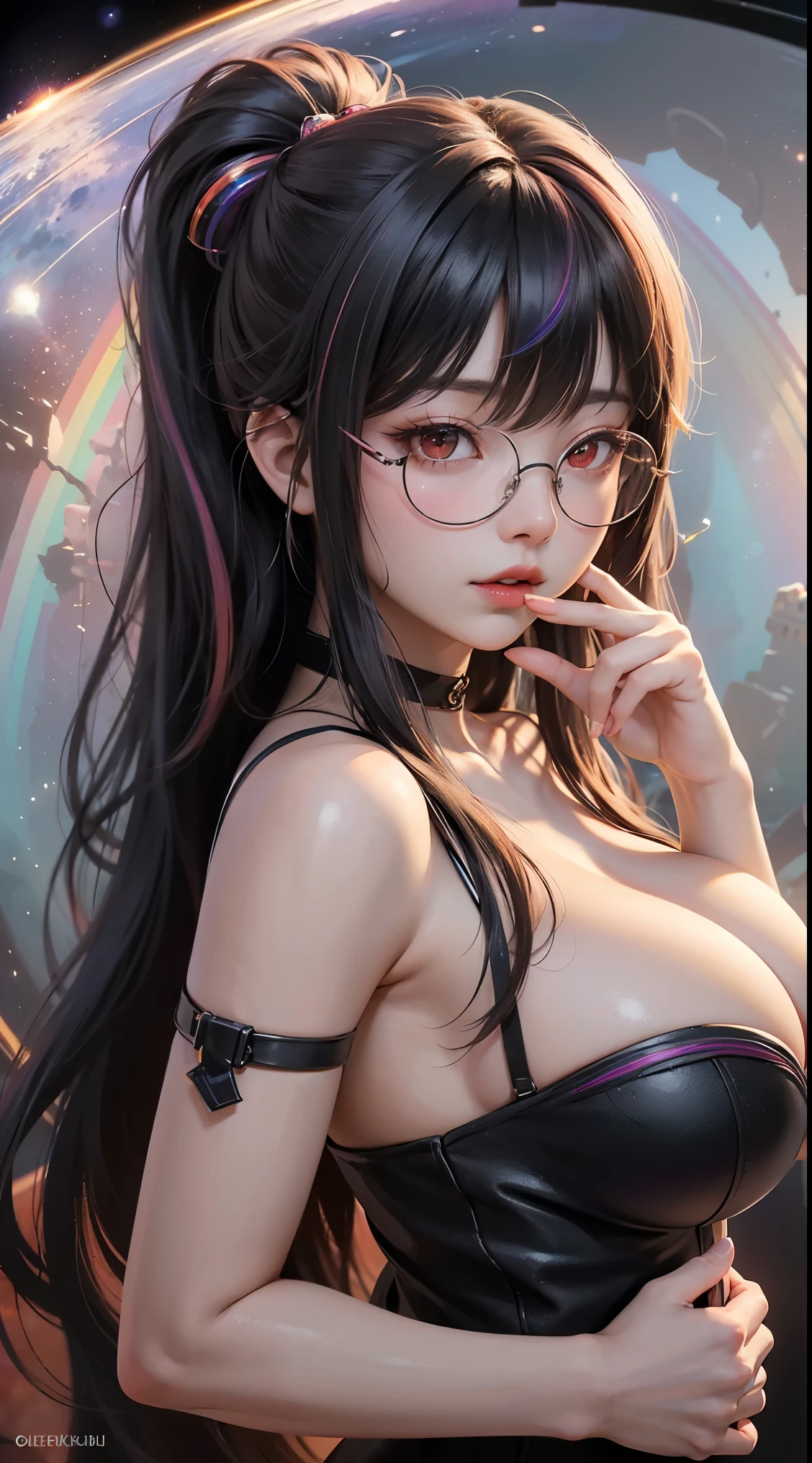 1名 27歳 woman, got it、(best illustrations)、8k UHD resolution、intricate details、最high quality、realistic、Super detailed、best lighting、best shadow、soft lighting、ultra hd、dungeon and Dragon、cave、dungeon、 necromancer、night、dark style、Succubus、devil'Daughter of、bat wings,(((demon hornラック縁round glasses))))、(((big breasts)))、(devil'Tail)、(red eyes shine:1.6)、masterpiece、beautiful features、Tyndall effect、realisticphotograph、(high detail skin:1.2)、8KUHD、Digital single-lens reflex camera、high quality、photograph、High resolution、 absurd、Ponytail distortion、Optimal ratio of 4 fingers and 1 thumb、1 girl、hair ornaments、真っ赤に輝くgemのネックレス、gem、beautiful expression、body up、big breasts emphasis、tight waist、wide ass、Tyndall effect、Photoreal、(high detail skin:1.2)、dark and mysterious version, lipstick red lips, thin and beautiful lips, Don'don't laugh, please keep your mouth shut, Characters created by Karol Baku and Pino Denis, intricate details, detailed background, very detailed, magic of light, woman, cute face, ((((giant glasses, otaku glasses, thick glasses, round glasses))))、 looking at the Upper body of the goddess , round chest, big and round chest, phoenix hair brooch, long hair with bangs, (Long hair has seven colors like a rainbow:1.9), Beautifully detailed face and well-proportioned eyes, (clear red eyes: 1.8), Big round eyes and very beautiful and detailed makeup, Visionary, long silk nightgowns, mysterious makeup, ブresponseレット, I dyed my side bangs light yellow.., Upper body, (goddess Upper body: 1.8), hanging arms, リアルで鮮やかなphotograph, (stars that make up : 1.7), ( Sky and imaginary space-time portal: 1.8), fiction art, RAWphotograph,黒い着物のphotograph, 最高のphotograph , expensive_response, 最high quality, 最高のphotograph, 8K quality, 8k ultra , surrealism, 最も経済的な本物のphotograph, Artistic portrait of 12 signs, Symbol of one of the 12 signs on the back, 12 Single Portrait of the Goddess, 最もrealistic配色, 最高のphotograph color, masterpiece, hair ornaments, ネックresponse, jewelry, beautiful face, Upper body, Tyndall effect, photographのようにリアルな, Dark studio, border light, two tone light, (fine skin) expensive: 1.2), 8k UHD, Digital single-lens reflex camera, soft light, expensive quality, volume light, Frank, photograph, expensive responseolution, 4K quality, 8k, Bokeh, smooth and sharp, 10x more pixels, Charming goddess, sexy goddess, (background space: 1.8), (milky way: 1.7), aurora, lightning, (auroraの背景: 1.8) <roller:crazy_perfect eyes_v1_from_v1_, beautiful goddess and flowers, (((demon horn))))、(((bat wings))))、