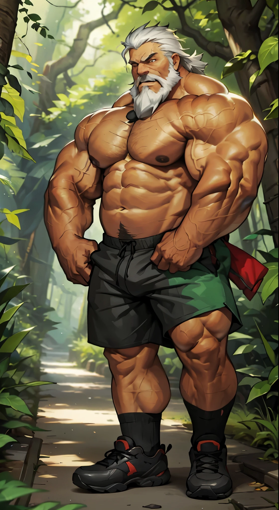 chubby old man adventure in forest, thick arm, huge arm, bearded. white hair and short beard, bearded, muscular, pectoral, wide pectoral, realistic, 8k, masterpiece, (wearing shorts and shirtless:1.3, topless, shoes)