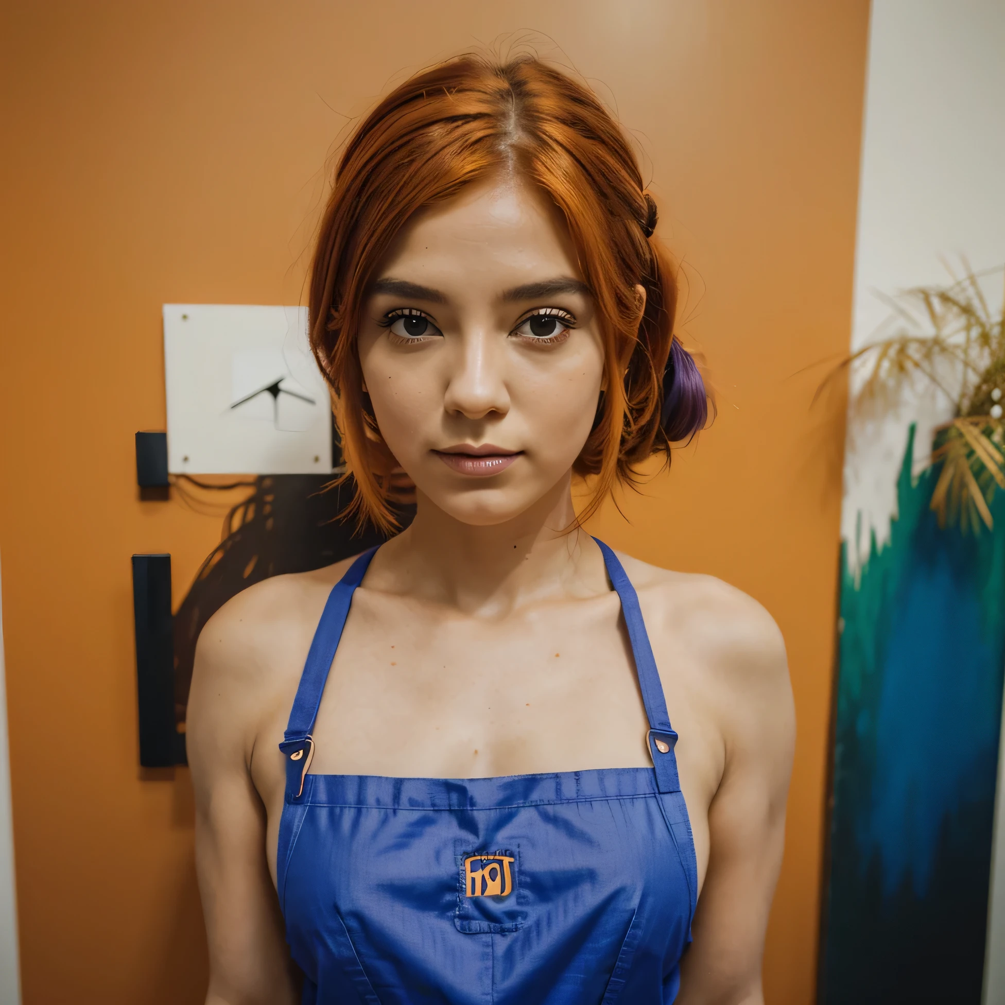 arte conceitual, aerial angle of a will&#39;-o-fatuous, wearing a deep orange emerald Somali funny apron, Cabelo caramelo estilizado como cabelo curto, Fluorescent Purple Hair Tie, equirretangular 360, high resolution,  [(arte de Willi Baumeister:1.1), (arte por John T. Maiores:1.2)::17], arte oficial, papel de parede da unidade 8k, ultra detalhado, aesthetics, obra de arte, Melhor qualidade, fotorrealista,PELADA