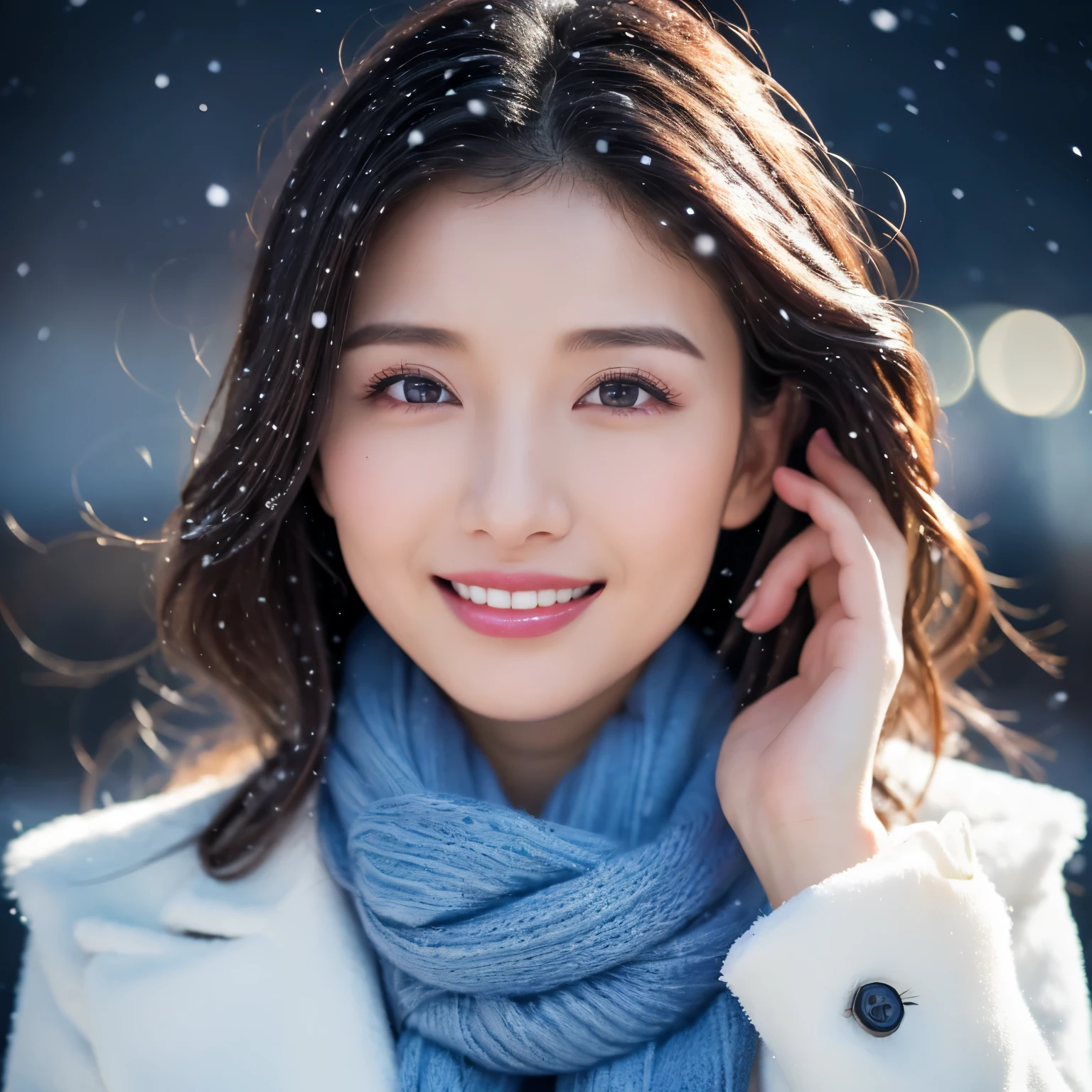 ((highest quality、table top、8K、best image quality、Award-winning work))、one beautiful woman、smile looking at me、(close up of face:1.6)、(The perfect and most natural long muffler:1.2)、(elegant thick coat:1.1)、epic movie lighting、(romantic love feelings:1.1)、(The most romantic and moody atmosphere:1.1)、winter city、Snowy landscape in the city、(The snow in the air sparkles finely:1.1)、(It&#39;s snowing heavily:1.1)、(Tyndall effect:1.1)、(Night view of the city with snow falling:1.2)、Shining beautiful skin、(accurate anatomy:1.1)、Ultra high definition beauty face、long eyelashes、natural makeup、ultra high definition hair、Ultra high definition eyes、(超高解像度でShining beautiful skin:1.1)、Super high resolution glossy lips、radiant beautiful skin、(Super high definition perfect beautiful teeth:1.1)