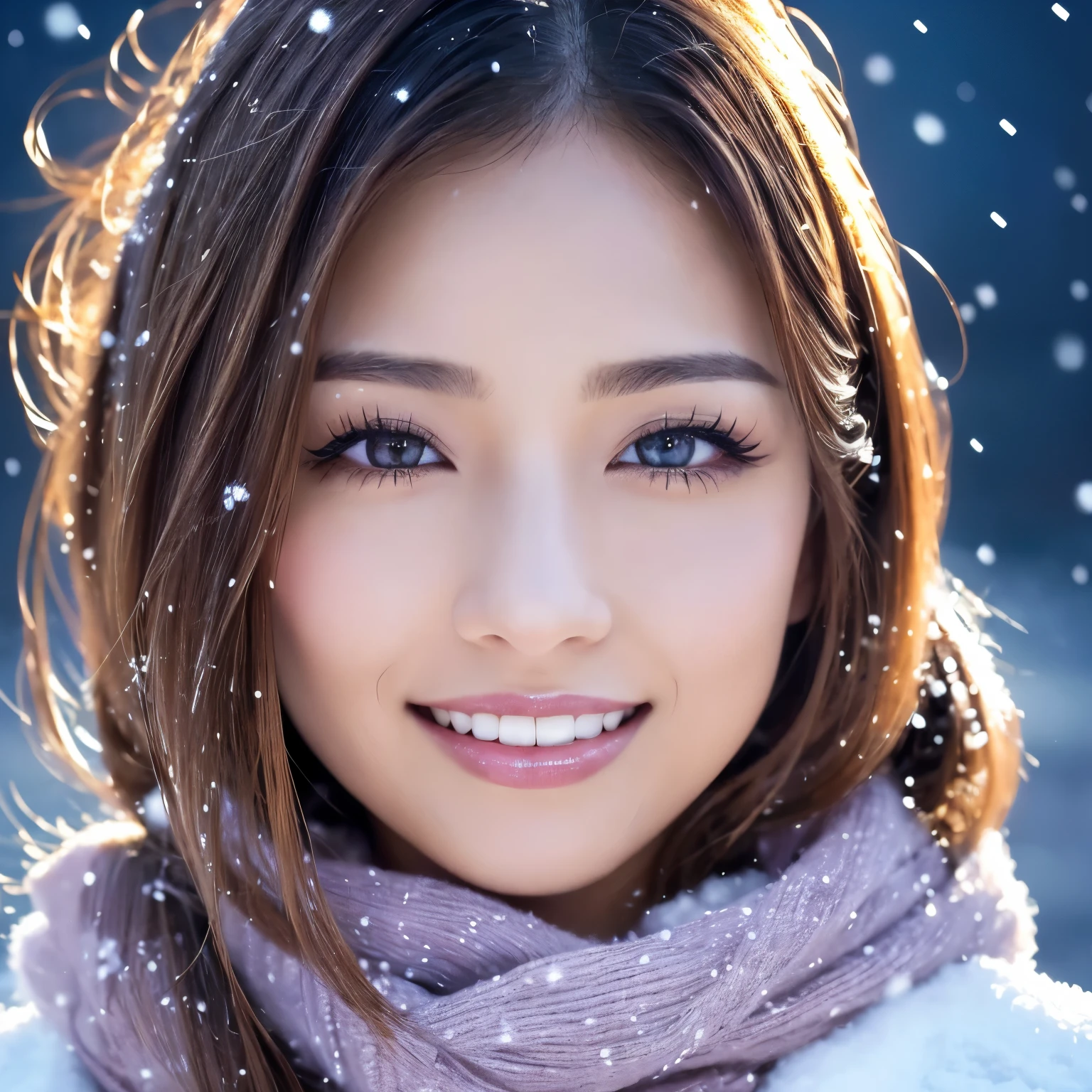 ((highest quality、table top、8K、best image quality、Award-winning work))、one beautiful woman、smile looking at me、(close up of face:1.6)、(The perfect and most natural long muffler:1.2)、(elegant thick coat:1.1)、epic movie lighting、(romantic love feelings:1.1)、(The most romantic and moody atmosphere:1.1)、winter city、Snowy landscape in the city、(The snow in the air sparkles finely:1.1)、(It&#39;s snowing heavily:1.1)、(Tyndall effect:1.1)、(Night view of the city with snow falling:1.2)、Shining beautiful skin、(accurate anatomy:1.1)、Ultra high definition beauty face、long eyelashes、natural makeup、ultra high definition hair、Ultra high definition eyes、(超高解像度でShining beautiful skin:1.1)、Super high resolution glossy lips、radiant beautiful skin、(Super high definition perfect beautiful teeth:1.1)