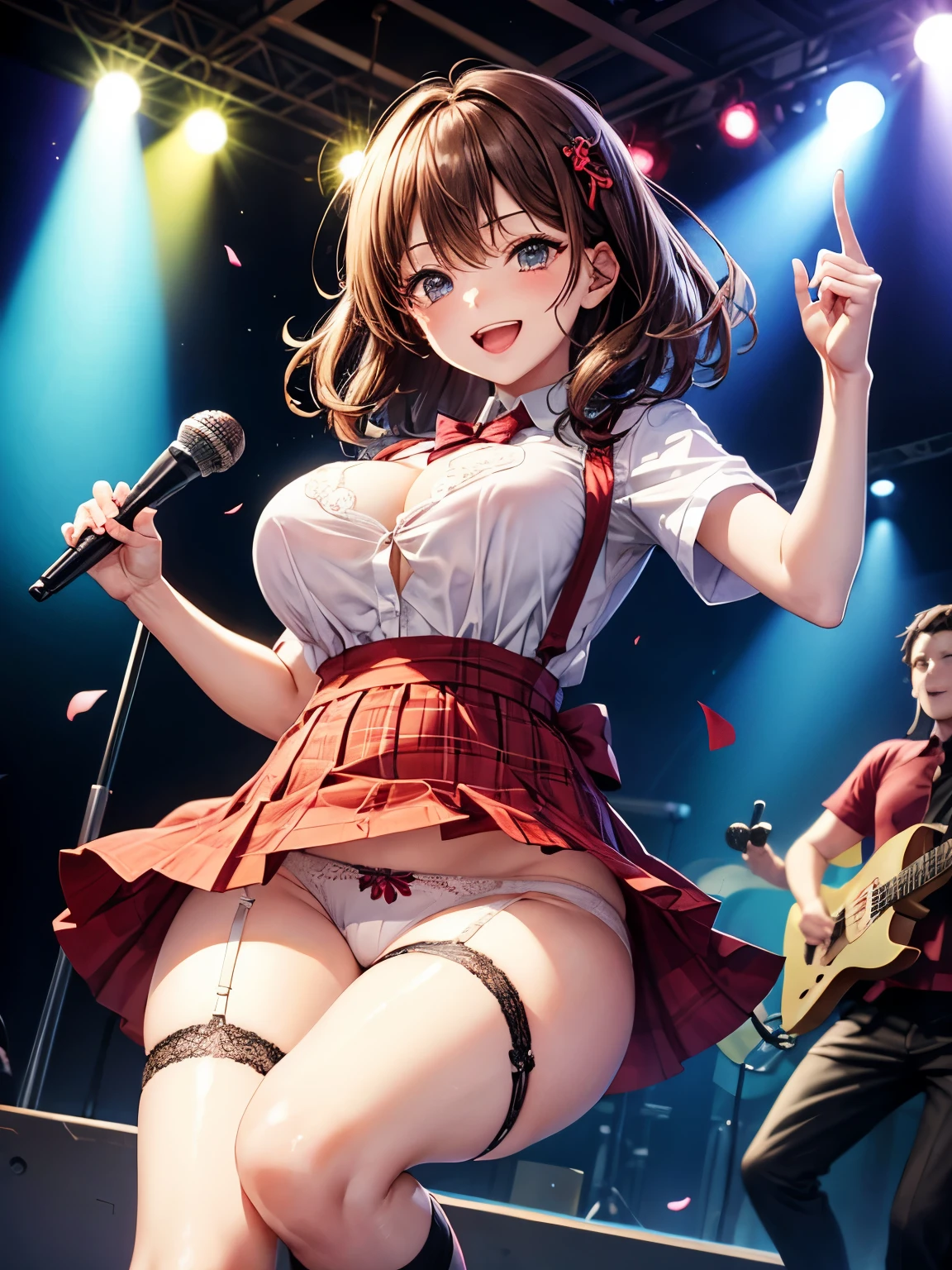 highest quality、All limbs、full finger、Slender beauty、brown hair、Dereste、red, 白とredのアイドル衣装、knee socks、beautiful big breasts、live stage、sing、holding a microphone, dancing、big smile、(white horizontal lace panties:1.1), skirt lift, (shirt lift:0.95), show off panties、(show off bra:0.94), Thanks guys
