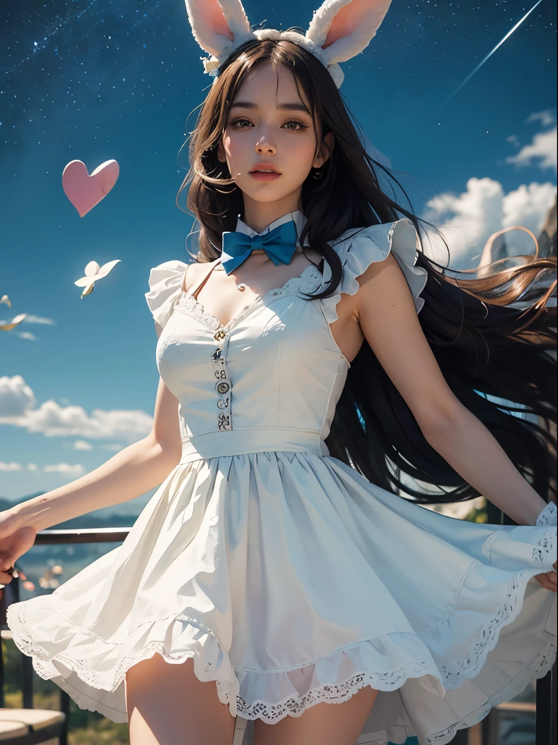 an outstanding masterpiece, Ultra photo realism, perfect illustration, intricate details, best quality, strong light , high contrast, dynamic pose, blue dress and white shirt , Star wearing a fluffy dress，hearts and spades poker , golden rabbit in bow tie , Cream lace trim，Match it with bright sky blue gauze. , There are also a pair of large bows at the back. , in wonderland , mural puzzle-like elements