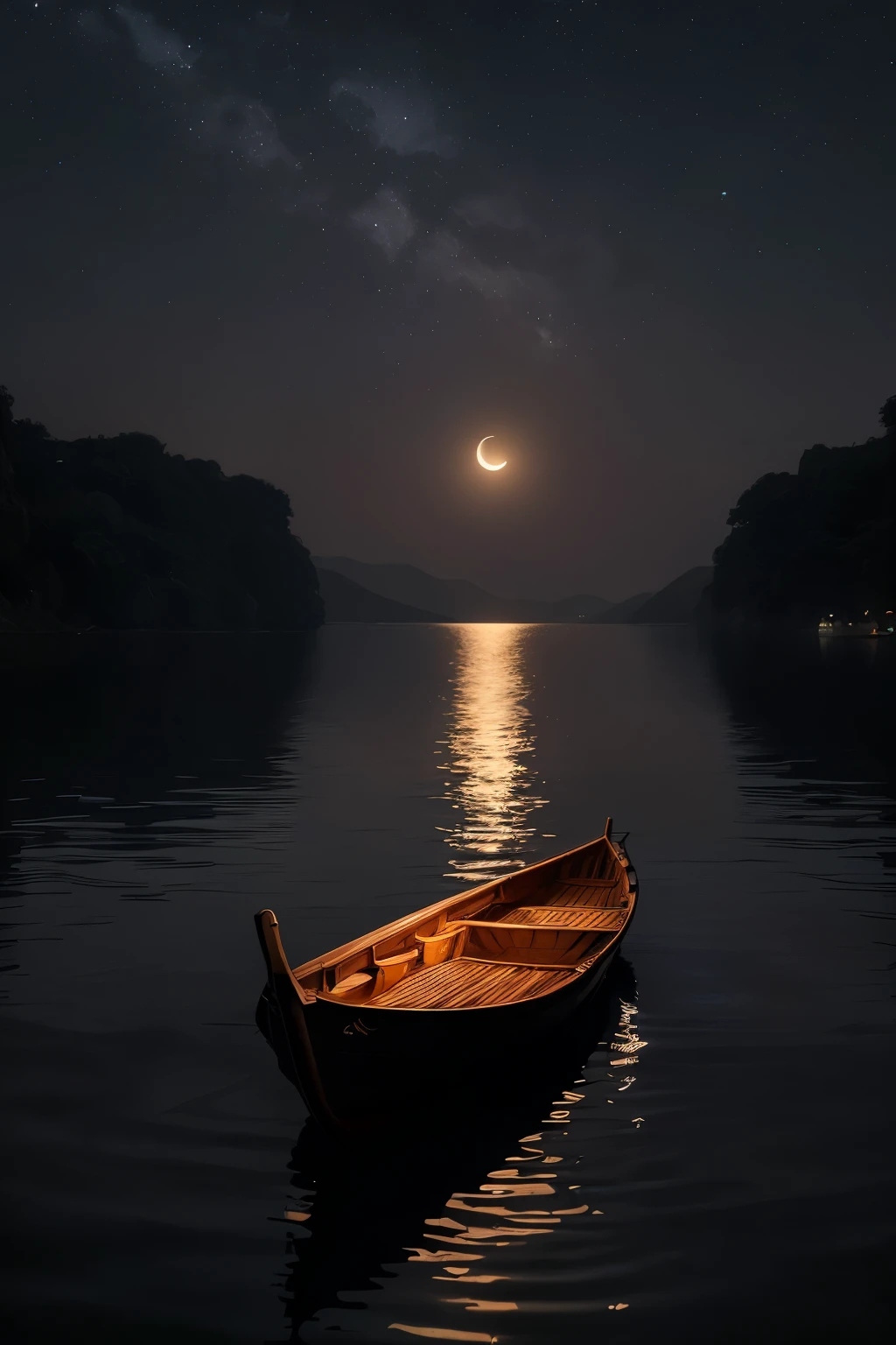 The crescent moon hangs majestically in the sky, casting a soft and tranquil moonlight that spills onto the serene surface of the river. The water's gentle ripples sway back and forth in rhythm with the quiet evening breeze, reflecting the ethereal glow of the moon. In the foreground, a woman sits quietly on the edge of a traditional wooden boat, her eyes fixed on the moon as she takes in the peacefulness of the scene around her. The boatman, dressed in simple clothing, rows the boat with ease, his calming voice echoing through the still night air as he reassures her, "Take it easy, my dear." The overall atmosphere is one of stillness