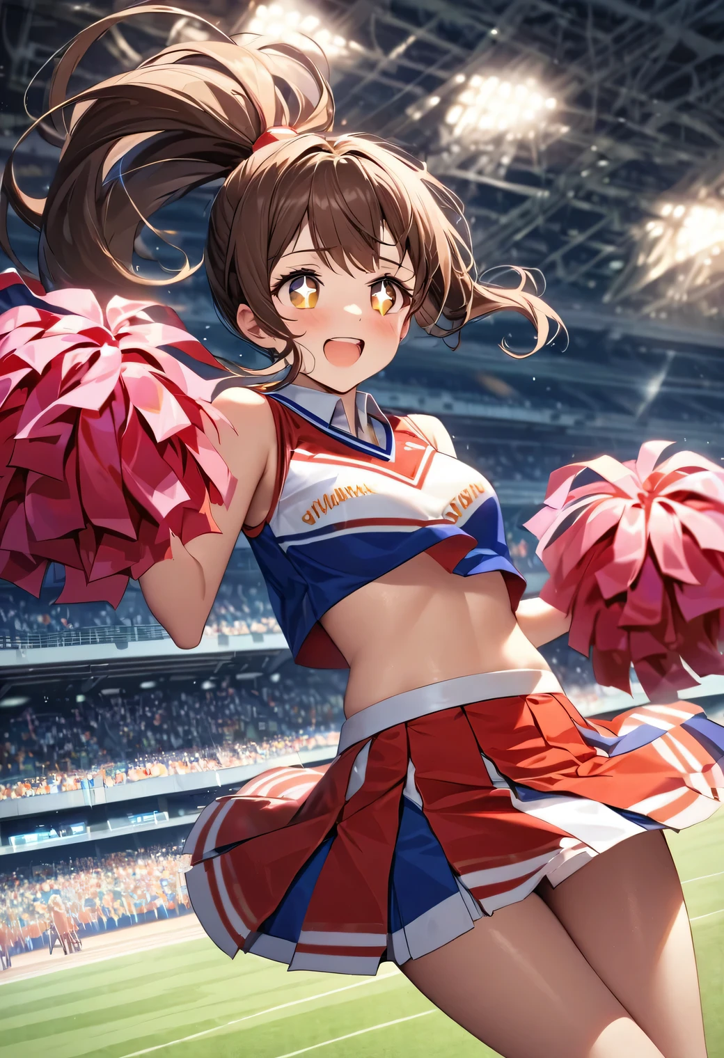 Cheerleader, Her brown hair flows down her back in a ponytail and she stands elegantly., Proudly holding a sparkling pom-pom in your hand. The scene takes place in a busy stadium, Where the best compositions are born. A masterpiece that expresses the enthusiasm of cheer dancers, To achieve ultra-high definition details and textures、Each detail is meticulously crafted. Cheerleaderのユニフォームを飾る複雑なステッチ, From the subtle shading of the fabric to the perfectly defined fringe of the pom-pom. Each strand of hair is expressed with extremely intricate detail.、It shines as if it is alive with life.。, Their sparkling eyes reflect an infectious energy, move, beautifulally pleasing image of a person who believes in the team's victory and cheers energetically, beautiful, (Angle from the front)