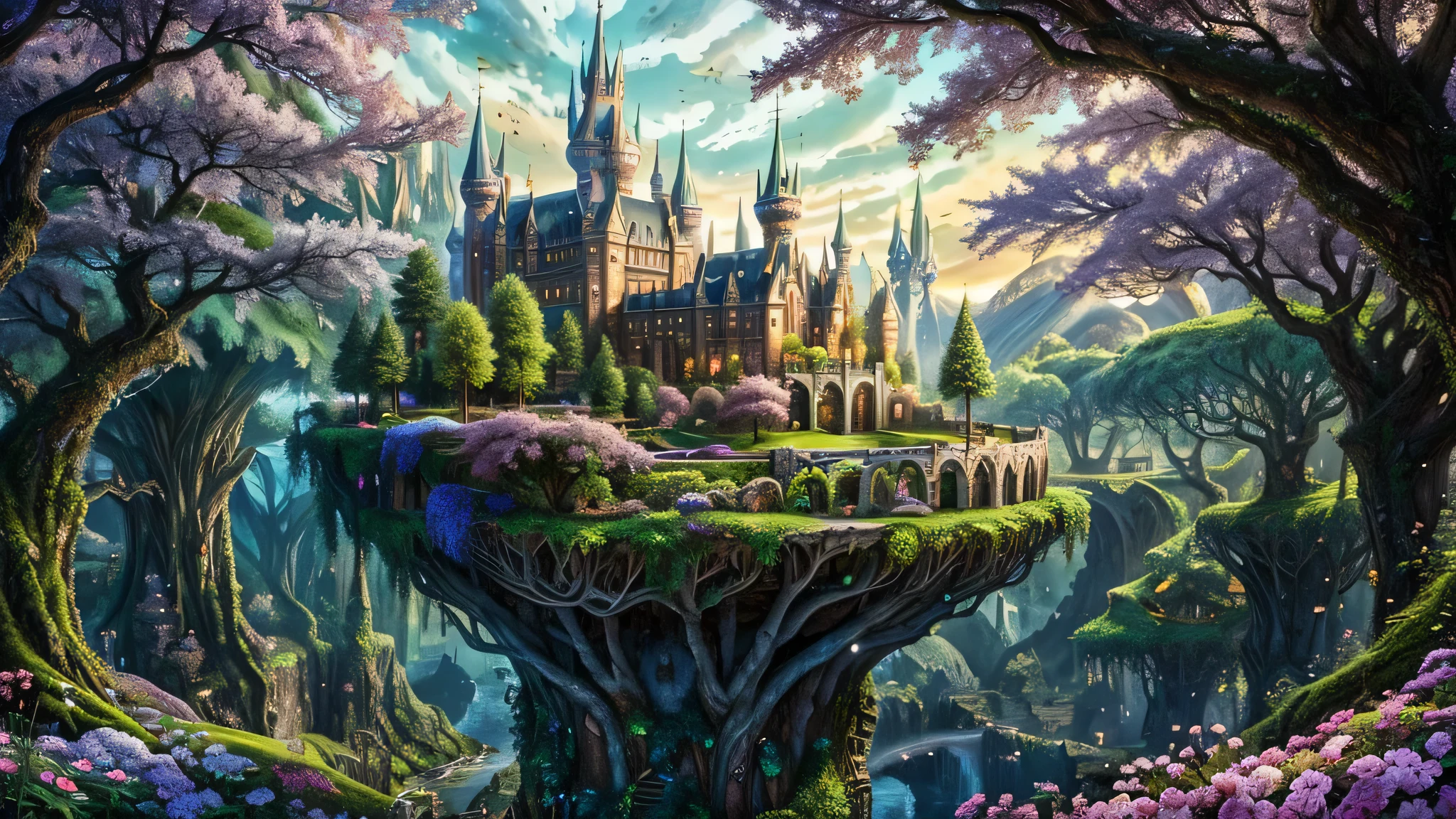 8K, Beautiful collage of drawings of buildings and cells, mitochondrion, Remains, european castle, picture of a tree with a bridge, magic tree, highly detailed magical fantasy, Made in a fantastic valley with trees, highly detailed fantasy, fantasy tree, magical world. A colorful and detailed dreamscape, cosmic tree of life, fantasy magic plants, magical landscape, magical fantasy forest, Beautifully detailed fantasy, enchanting magical fantasy forest