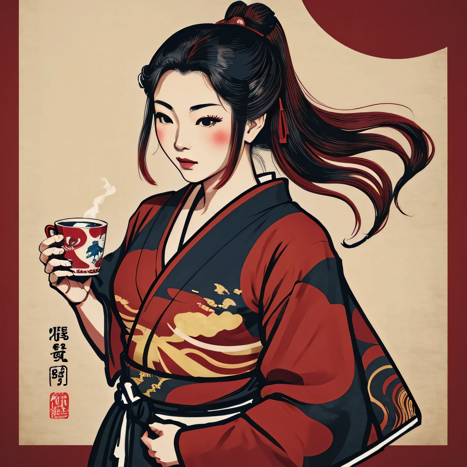 Art vintage japonais, Conception de t-shirts, art vectoriel, plat d'Art:1,2) peinture japonaise, style ukiyo-e, ,encre, very hot Japanese tea, Cheveux longs, belle poitrine, visible shoulders,,Bordeaux, Rouge, cramoisi