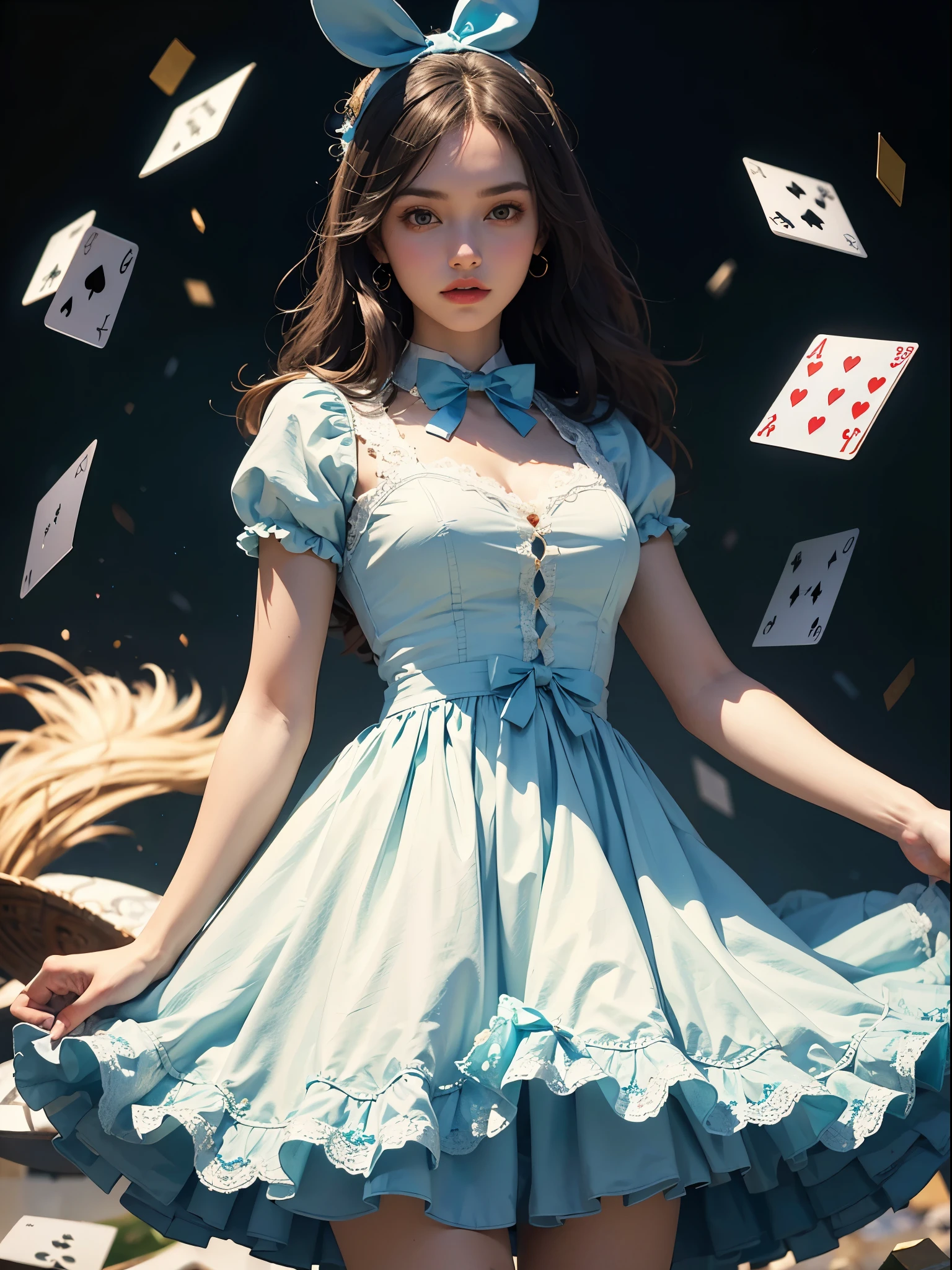 an outstanding masterpiece, Ultra photo realism, perfect illustration, intricate details, best quality, strong light , high contrast, dynamic pose, blue dress and white shirt , Star wearing a fluffy dress,hearts and spades poker , golden rabbit in bow tie , Cream lace trim,Match it with bright sky blue gauze. , There are also a pair of large bows at the back. , in wonderland , mural puzzle-like elements