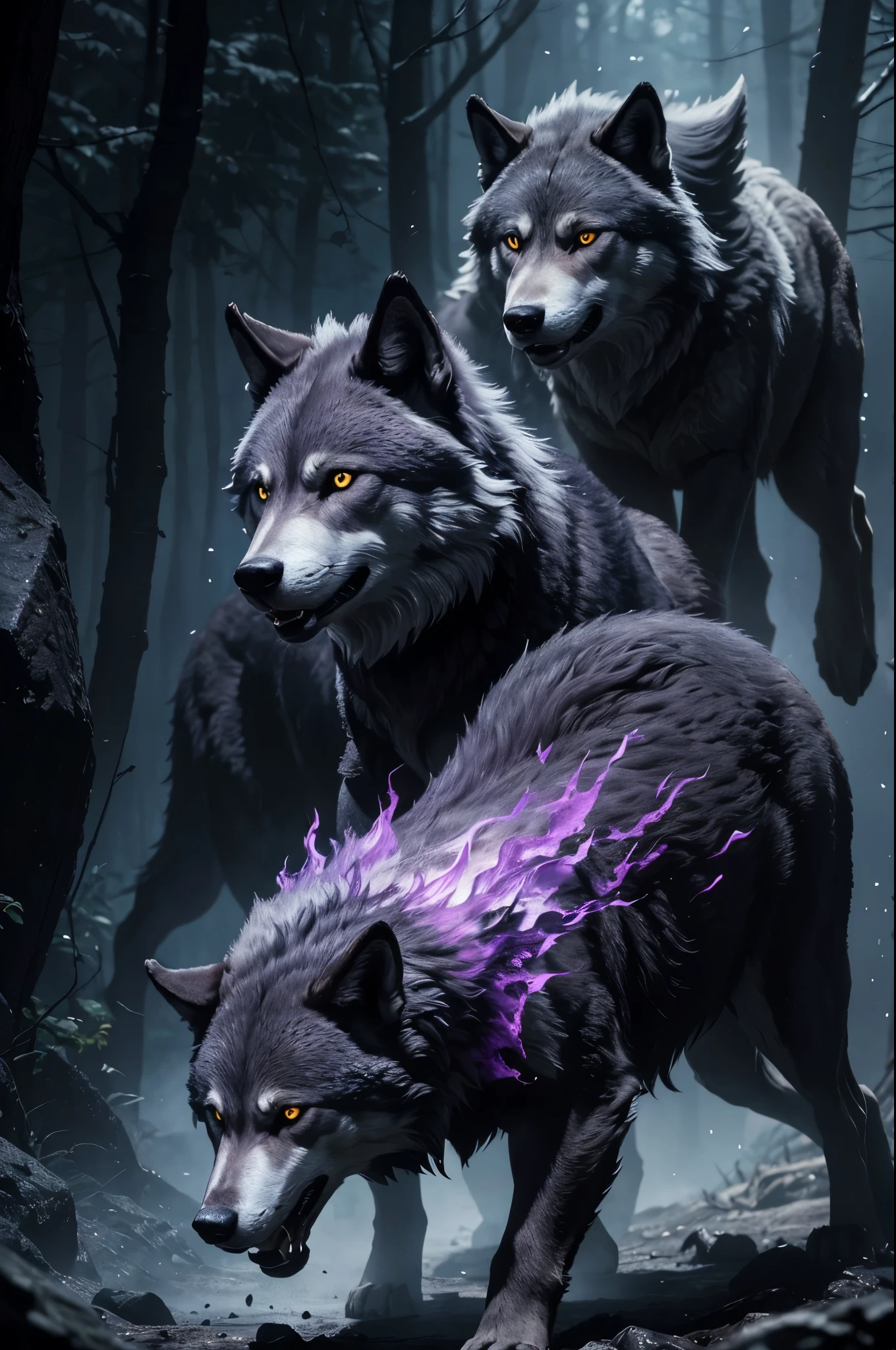 8K,A pack of wolves running through the dark wilderness of the underworld.(2 heads),gray and purple wolves,masterpiece,Photorealistic RAW photos of the highest quality。bright colors,rich colors, Backlight, cinematic lighting, film grain, to be born, 50MM lens, Nikon D850,Super realistic body hair,fantasy art,character art,ultra high resolution,realistic scale skin,