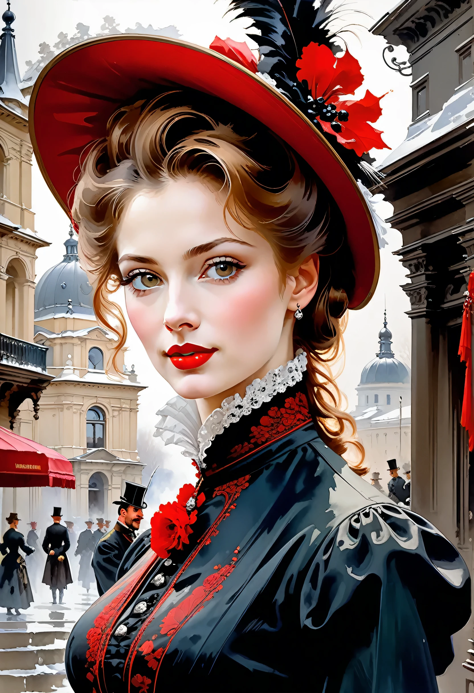 Victorian Hungarian women Women of the 19th century, Hazel hair, Red lips, Nice feature, Wadim Kashin, james gurney, ink, Splash Art", Amazing beauty , Royo, after sexing, Super detailed splash art modern European ink painting, mid gorgeous breasts, gorgeous body.