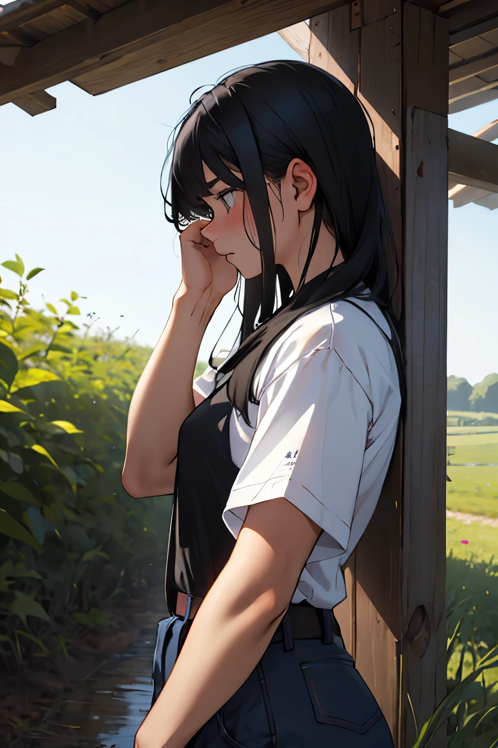 shy farm girl with black hair and a sad look
