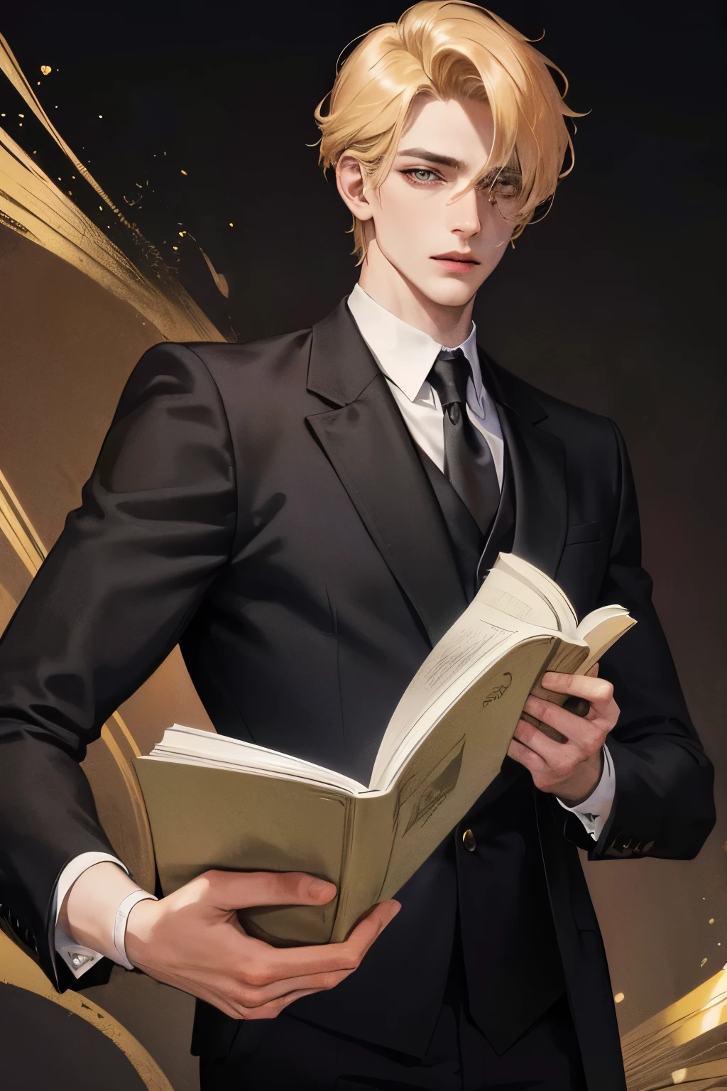 cover for a book, photography of a sexy lawyer man, a solo man, (((man))), (masculine face), 25 years old, lawyer, big bad boy, (golden eyes), expressive look, short blonde hair, (((dark background))), shine hair, unshaven, black suit, face scars, super detailed face, perfect body, perfect shapes, realistic image, award winning photography, 8k,