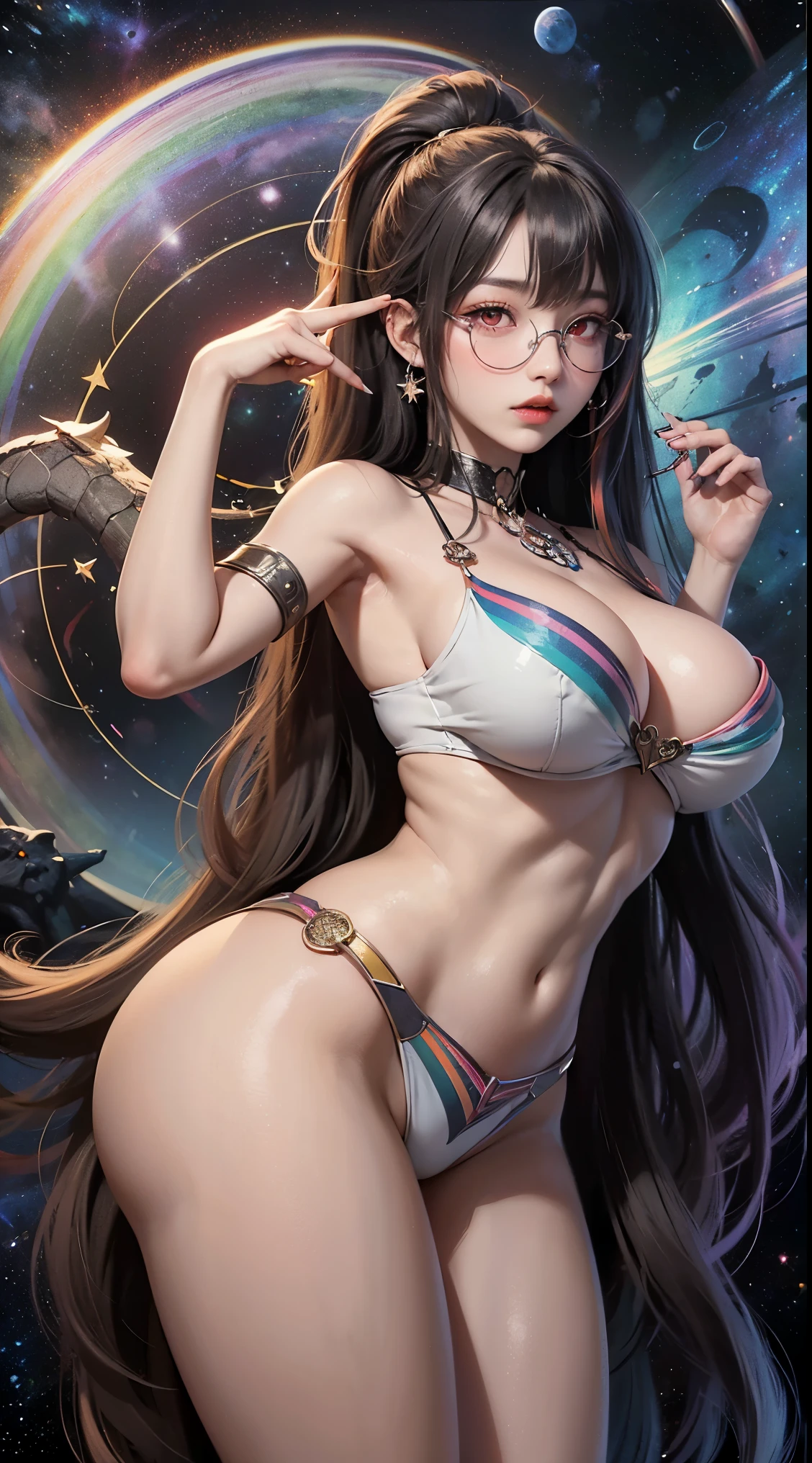 1名 27歳 woman, got it、(best illustrations)、8k UHD resolution、intricate details、最high quality、realistic、Super detailed、best lighting、best shadow、soft lighting、ultra hd、dungeon and Dragon、cave、dungeon、 necromancer、night、dark style、Succubus、devil'Daughter of、bat wings,(((demon hornラック縁round glasses))))、(((big breasts)))、(devil'Tail)、(red eyes shine:1.6)、masterpiece、beautiful features、Tyndall effect、realisticphotograph、(high detail skin:1.2)、8KUHD、Digital single-lens reflex camera、high quality、photograph、High resolution、 absurd、Ponytail distortion、Optimal ratio of 4 fingers and 1 thumb、1 girl、hair ornaments、真っ赤に輝くgemのネックレス、gem、beautiful expression、body up、big breasts emphasis、tight waist、wide ass、Tyndall effect、Photoreal、(high detail skin:1.2)、dark and mysterious version, lipstick red lips, thin and beautiful lips, Don'don't laugh, please keep your mouth shut, Characters created by Karol Baku and Pino Denis, intricate details, detailed background, very detailed, magic of light, woman, cute face, ((((giant glasses, otaku glasses, thick glasses, round glasses)))), round chest, big and round chest, phoenix hair brooch, long hair with bangs, (Long hair has seven colors like a rainbow:1.9), Beautifully detailed face and well-proportioned eyes, (clear red eyes: 1.8), Big round eyes and very beautiful and detailed makeup, Visionary, long silk nightgowns, mysterious makeup, ブresponseレット, I dyed my side bangs light yellow.., hanging arms, リアルで鮮やかなphotograph, (stars that make up : 1.7), ( Sky and imaginary space-time portal: 1.8), fiction art, RAWphotograph,黒い着物のphotograph, 最高のphotograph , expensive_response, 最high quality, 最高のphotograph, 8K quality, 8k ultra , surrealism, 最も経済的な本物のphotograph, Artistic portrait of 12 signs, Symbol of one of the 12 signs on the back, 12 Single Portrait of the Goddess, 最もrealistic配色, 最高のphotograph color, masterpiece, hair ornaments, ネックresponse, jewelry, beautiful face, Tyndall effect, photographのようにリアルな, Dark studio, border light, two tone light, (fine skin) expensive: 1.2), 8k UHD, Digital single-lens reflex camera, soft light, expensive quality, volume light, Frank, photograph, expensive responseolution, 4K quality, 8k, Bokeh, smooth and sharp, 10x more pixels, Charming goddess, sexy goddess, (background space: 1.8), (milky way: 1.7), aurora, lightning, (auroraの背景: 1.8) <roller:crazy_perfect eyes_v1_from_v1_, beautiful goddess and flowers, (((demon horn))))、(((bat wings))))、