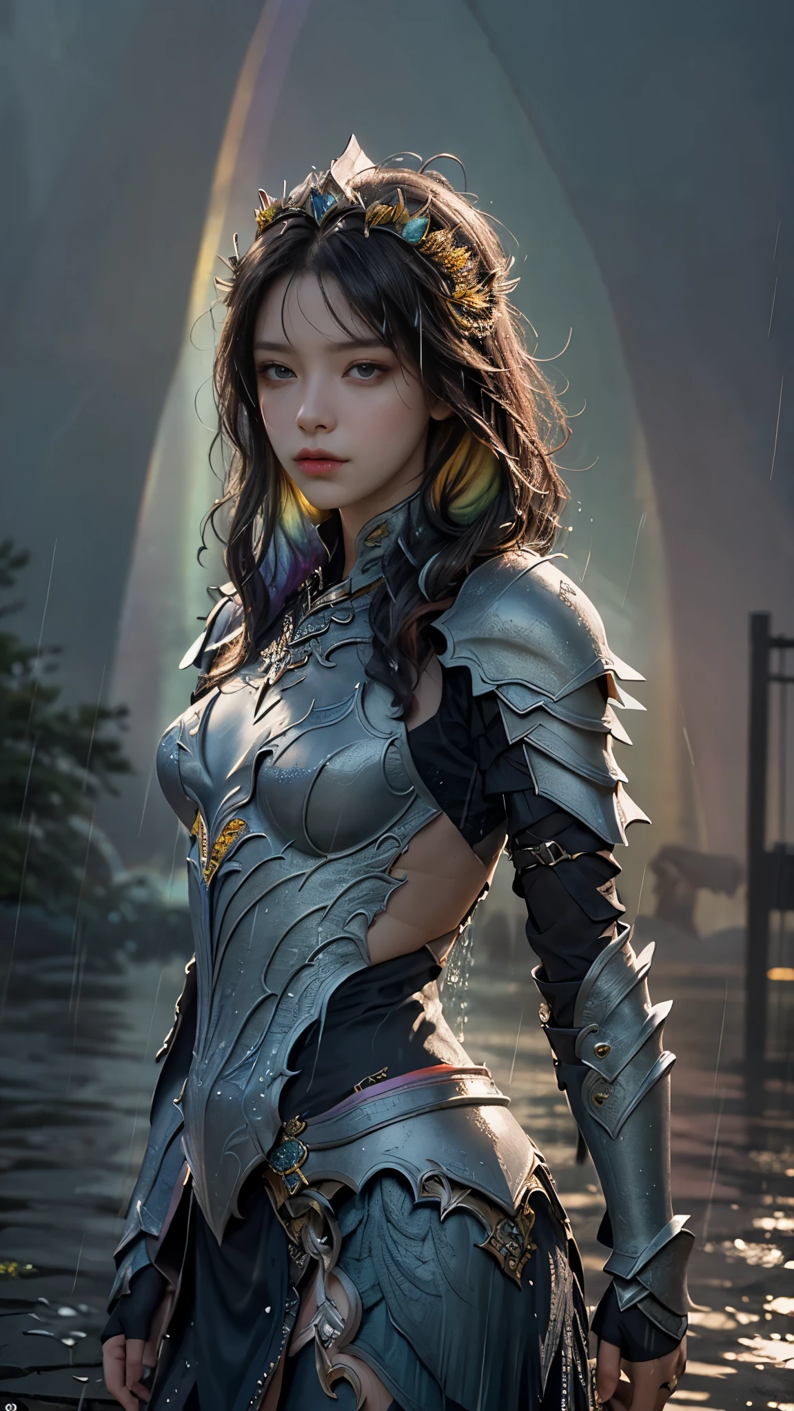 a woman in a pink armor, realistic Art Station, (hard raining:1.5), Detailed Fantasy Art, Stunning Character Art, beautiful Exquisite Character Art, Beautiful (rainbow Armor:1.8), Extremely Detailed, Exquisite Intricate Headdress and Jewellery, perfect body,