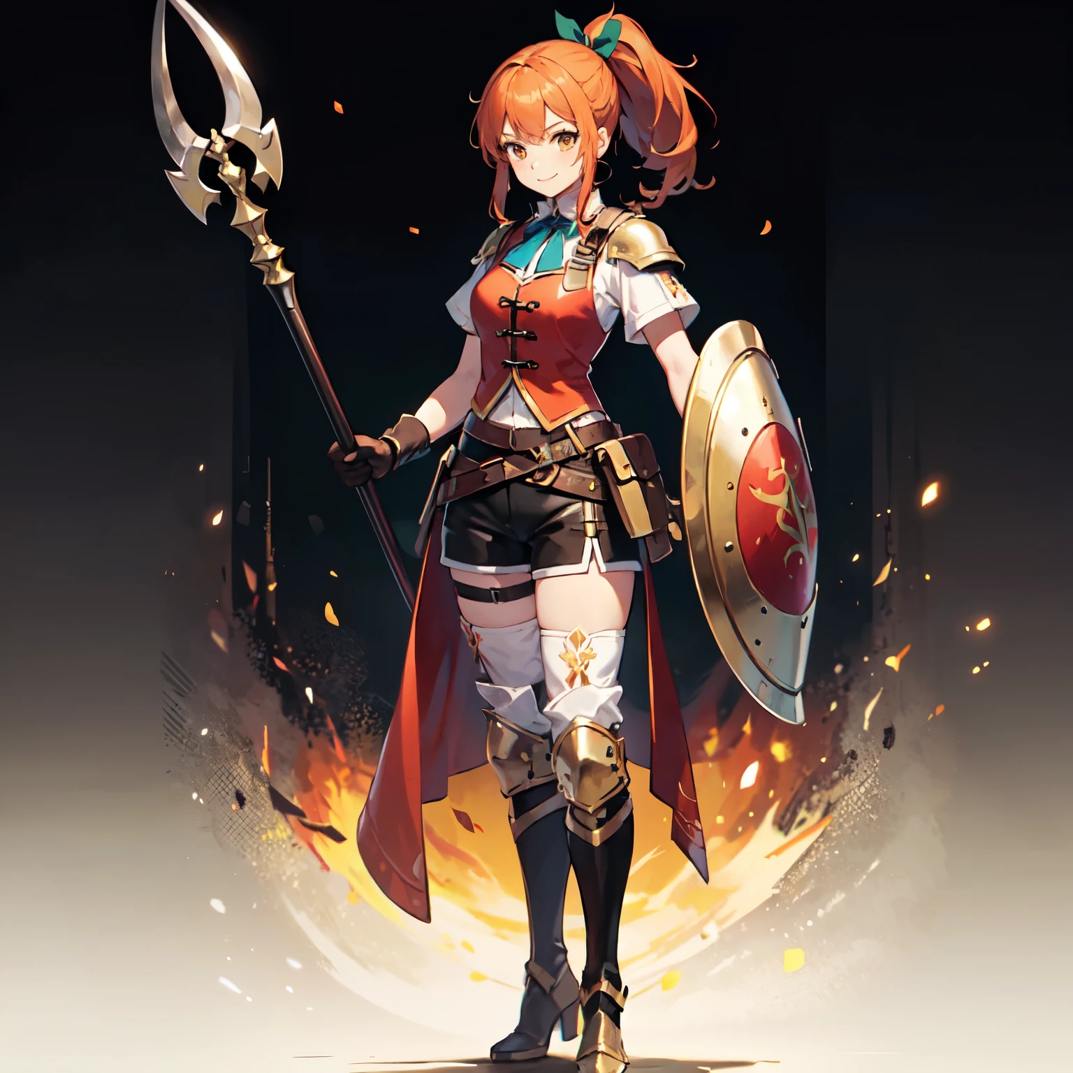 1girl, solo, shield, weapon, thighhighs, polearm, gloves, boots, long-hair, black-background, armor, brown-gloves, ponytail, orange-hair, full-body spear, ribbon, holding, simple-background, holding-weapon, looking-at-viewer, hair-ribbon, black-thighhighs, brown-footwear, smile, brown-eyes, shirt, yellow-eyes, standing, shorts, knee-pads, blue-ribbon, belt, shoulder-armor, white-shirt, vest,