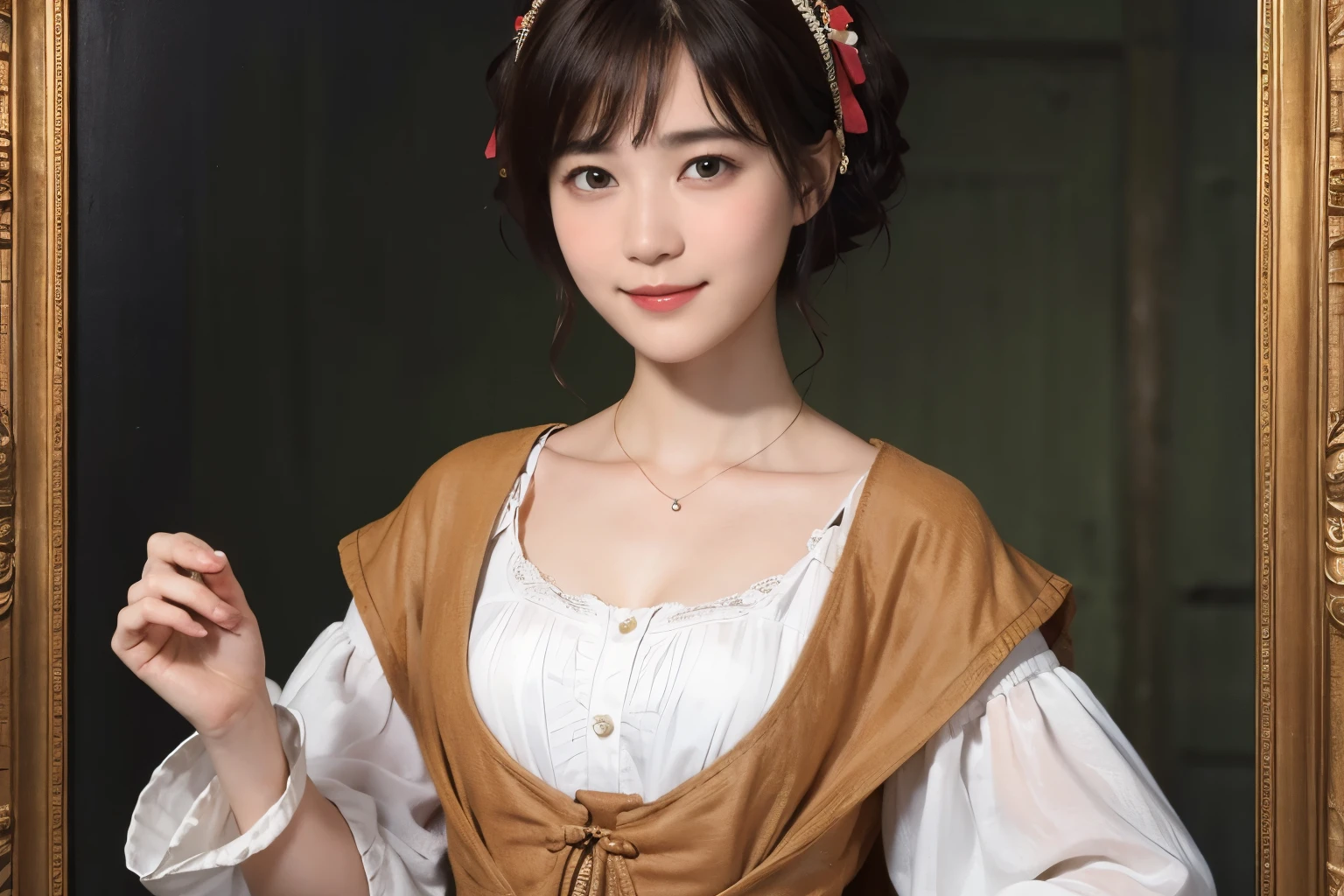 182 short hair, 20 year old female, gentle smile, (rembrandt style painting), (chest:1.2)