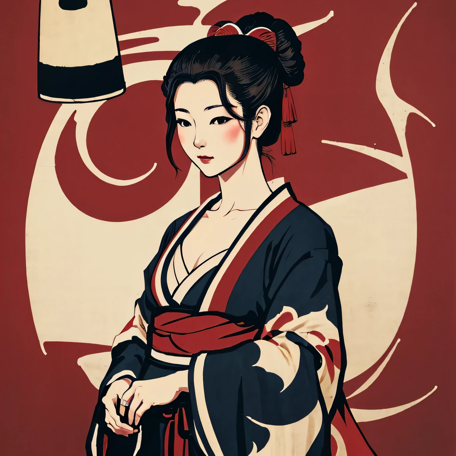 Art vintage japonais, Conception de t-shirts, art vectoriel, plat d'Art:1,2) peinture japonaise, style ukiyo-e, ,encre, very hot Japanese tea, Cheveux longs, belle poitrine, visible shoulders,,Bordeaux, Rouge, cramoisi