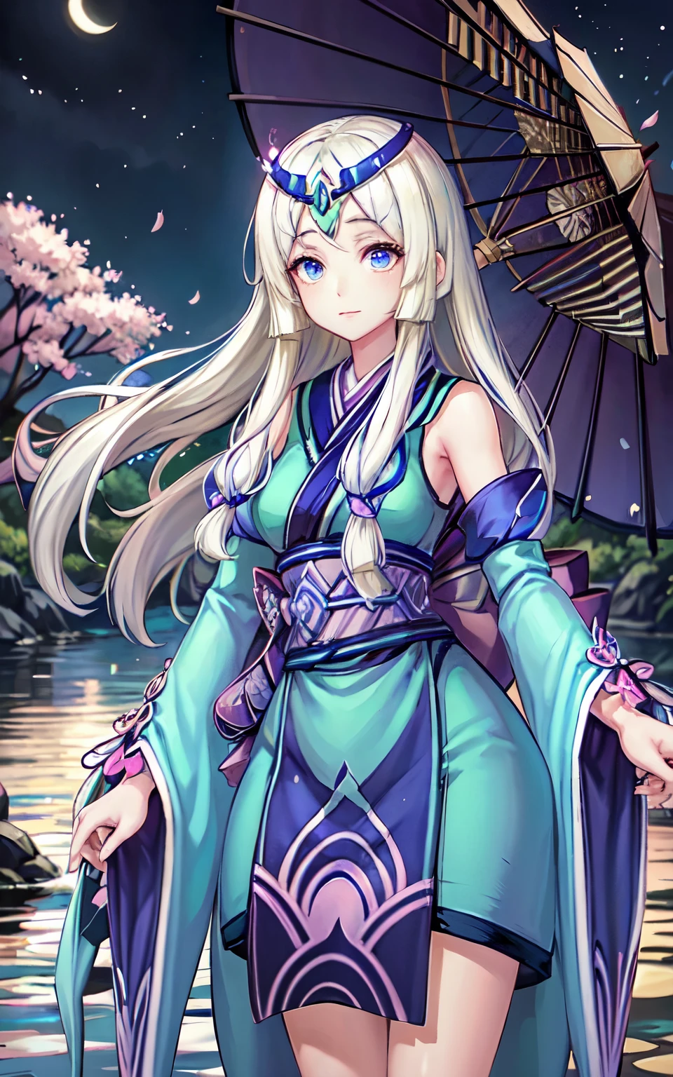 best quality, ultra high res, 1girl, cute, ((puffy eyes)), looking at viewer, full body, facing front, blush,  detailed face, detailed eyes, perfect hands,Elegant and traditional, a blend of cherry red and white hues, intricate patterns adorning a kimono, fluttering gently, an iconic umbrella gripped firmly, adorned with mystical inscriptions, poised under a full moon's glow, cherry blossoms carried by a gentle breeze, a serene ancient temple in the distance, water reflecting moonlight, creating an ethereal atmosphere, a poised warrior, ready for mythic battles, the essence of grace and strength