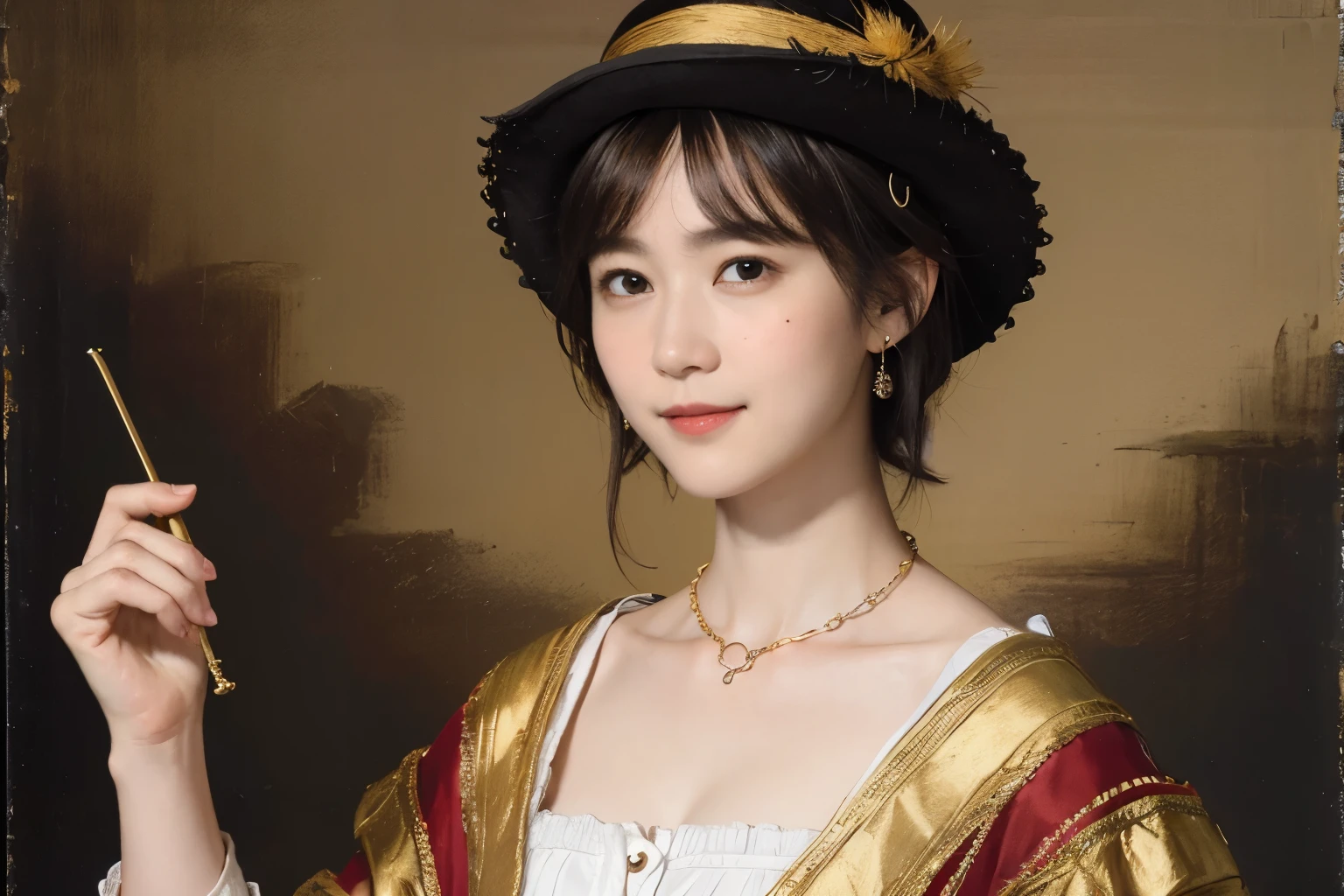 182 short hair, 20 year old female, gentle smile, (rembrandt style painting), (chest:1.2)