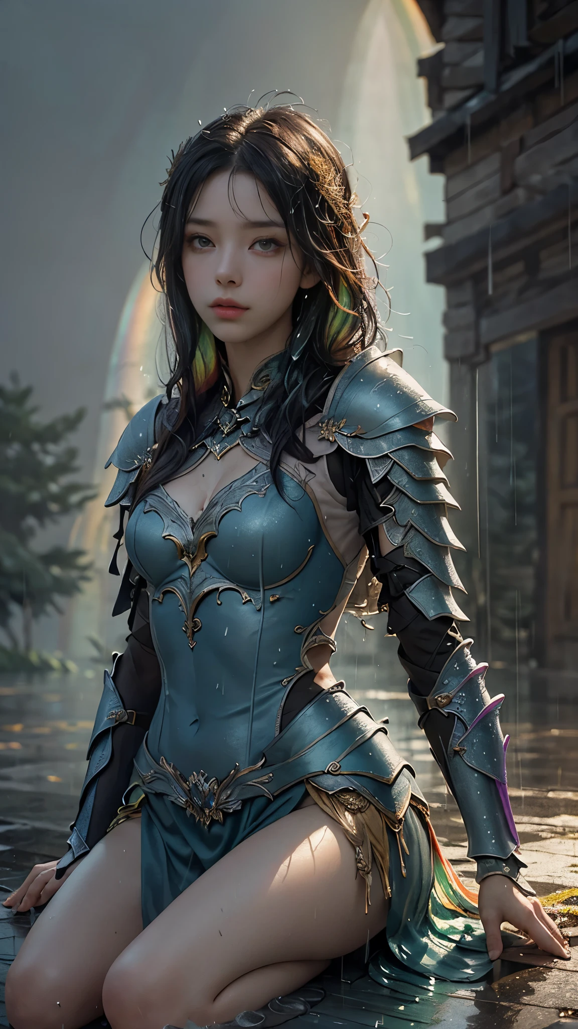 a woman in a pink armor, realistic Art Station, (hard raining:1.5), Detailed Fantasy Art, Stunning Character Art, beautiful Exquisite Character Art, Beautiful (rainbow Armor:1.8), Extremely Detailed, Exquisite Intricate Headdress and Jewellery, perfect body, sitting,